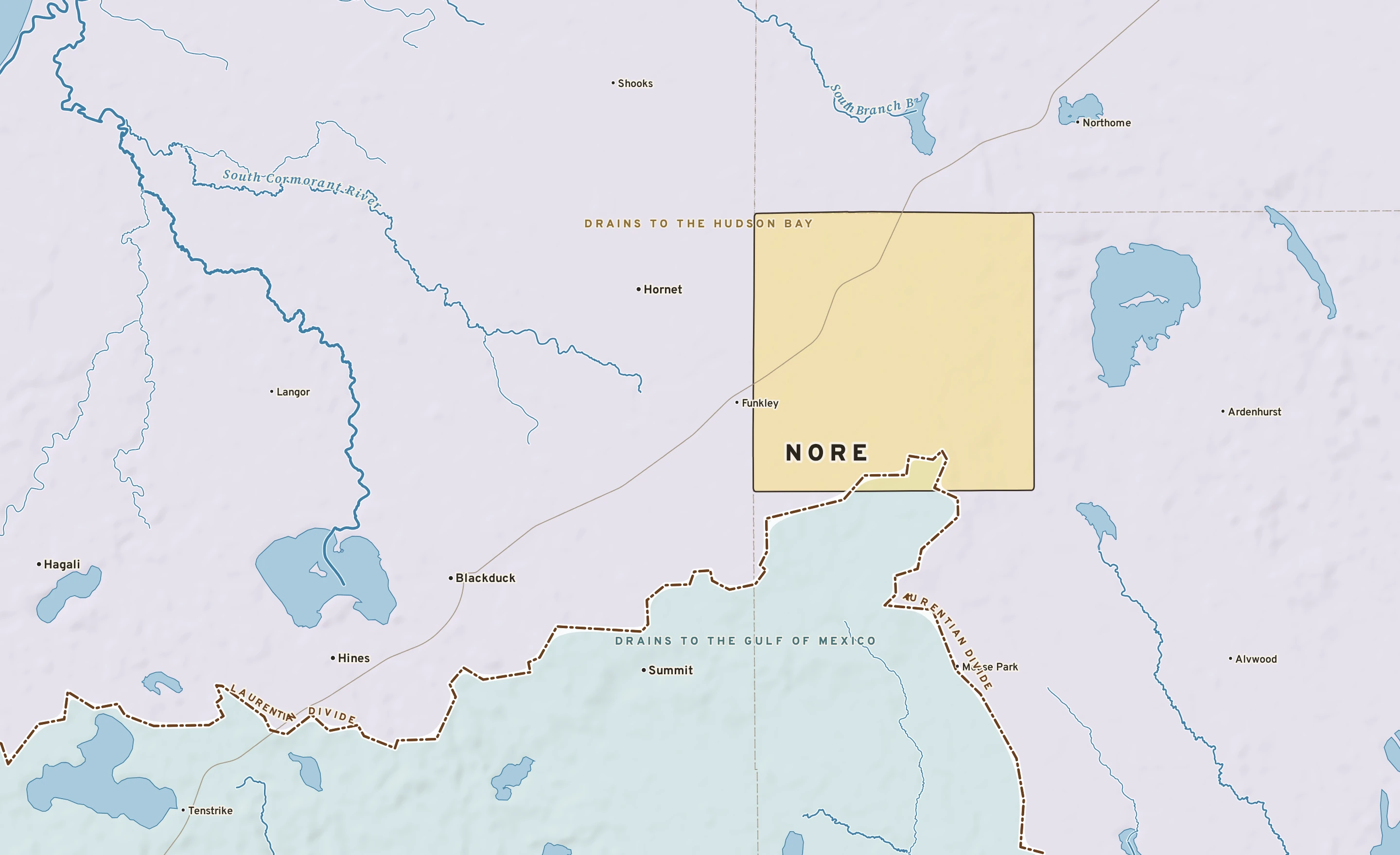 Shaded-relief atlas plate of Nore, Minnesota: rivers, roads, the city limits and where the water drains.