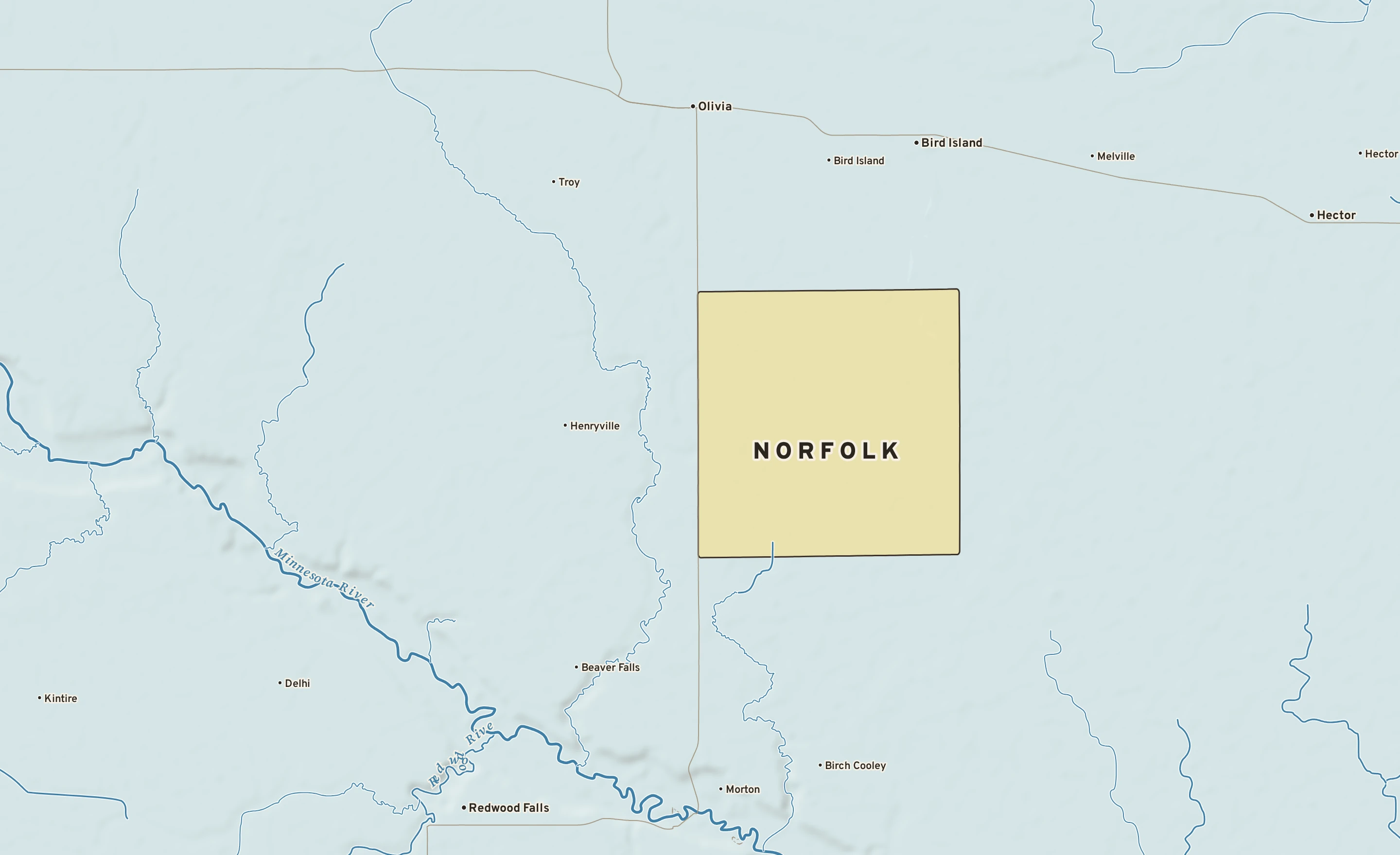 Shaded-relief atlas plate of Norfolk, Minnesota: rivers, roads, the city limits and where the water drains.