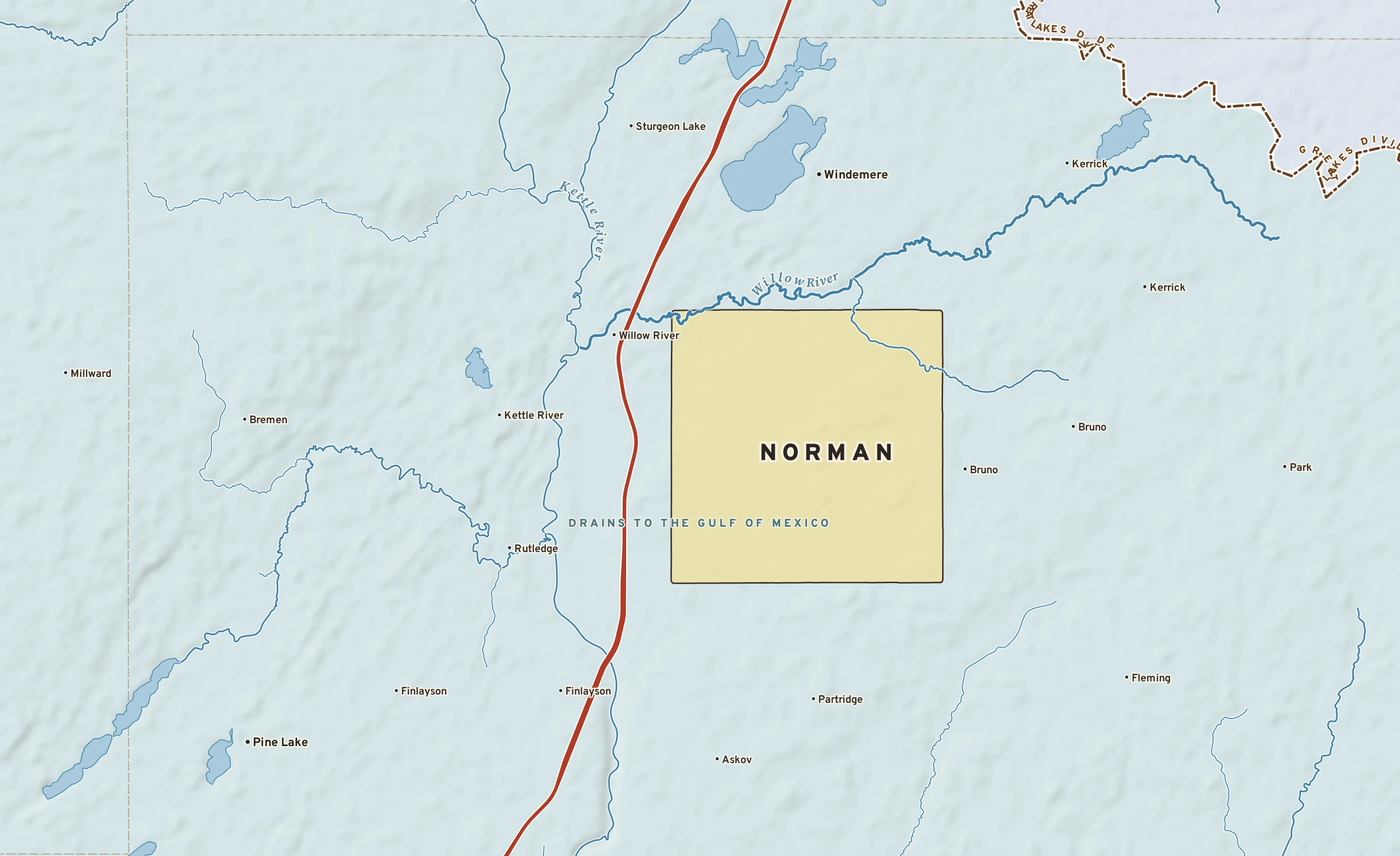 Shaded-relief atlas plate of Norman, Minnesota: rivers, roads, the city limits and where the water drains.