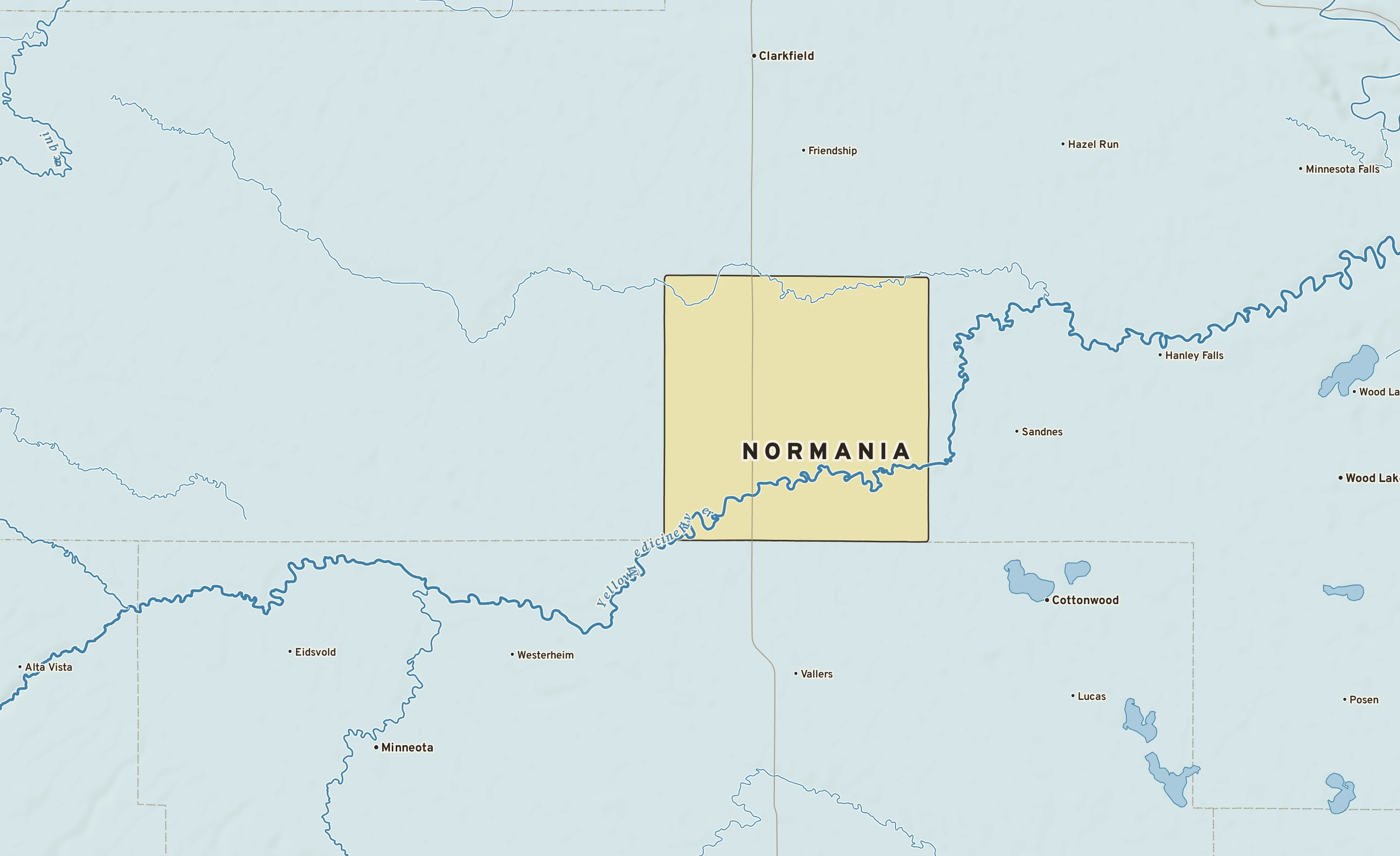 Shaded-relief atlas plate of Normania, Minnesota: rivers, roads, the city limits and where the water drains.