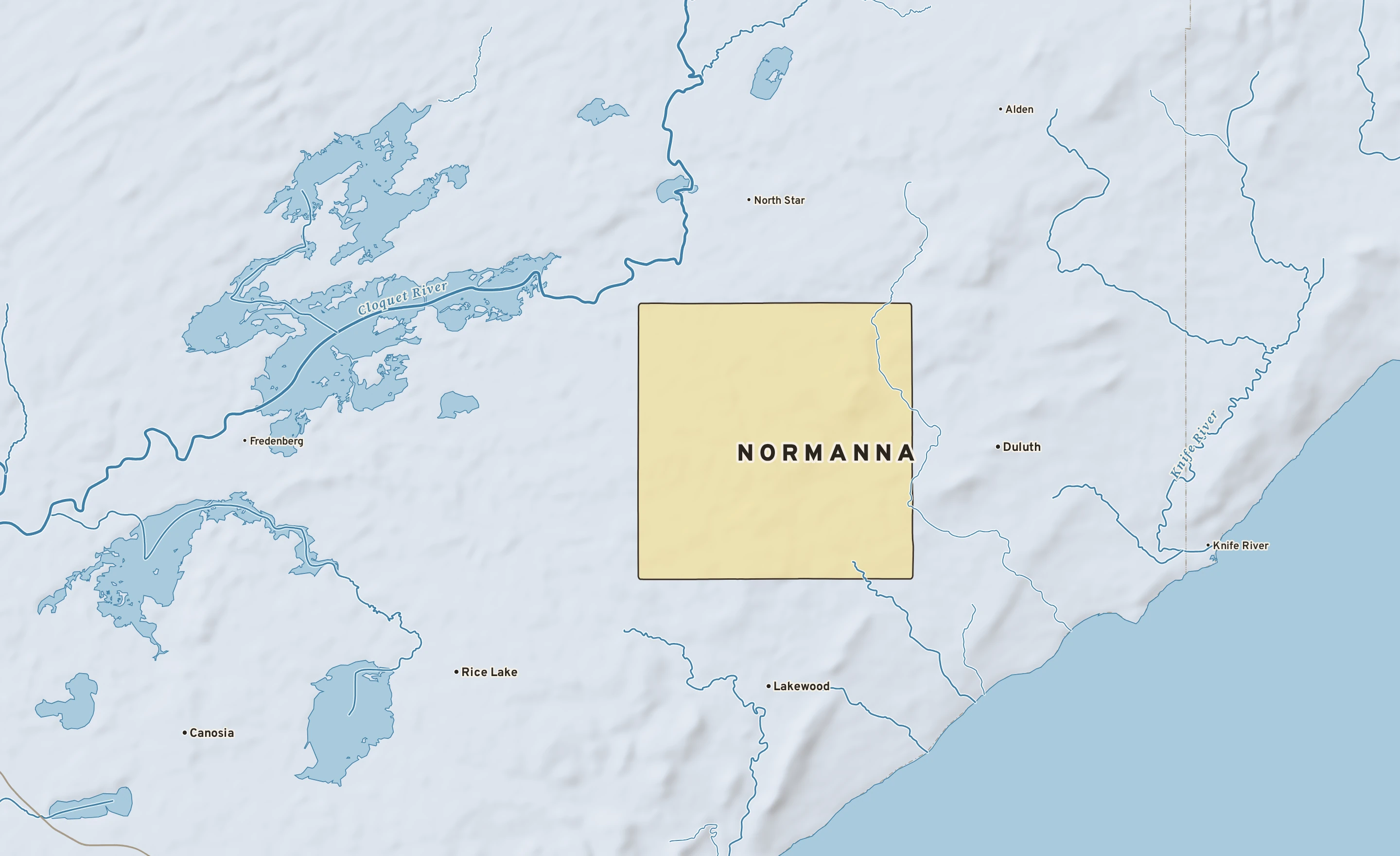 Shaded-relief atlas plate of Normanna, Minnesota: rivers, roads, the city limits and where the water drains.