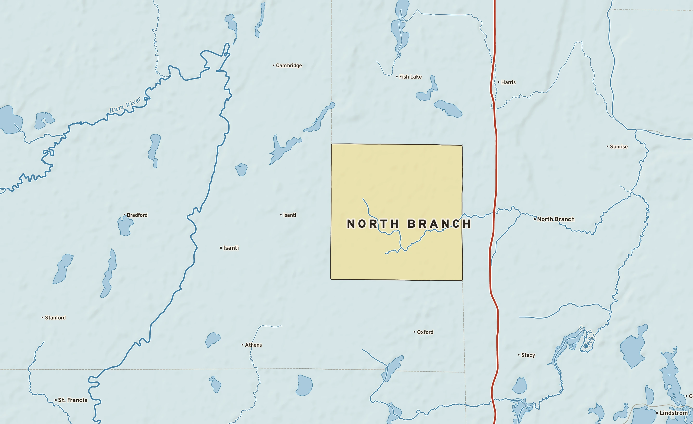 Shaded-relief atlas plate of North Branch, Minnesota: rivers, roads, the city limits and where the water drains.