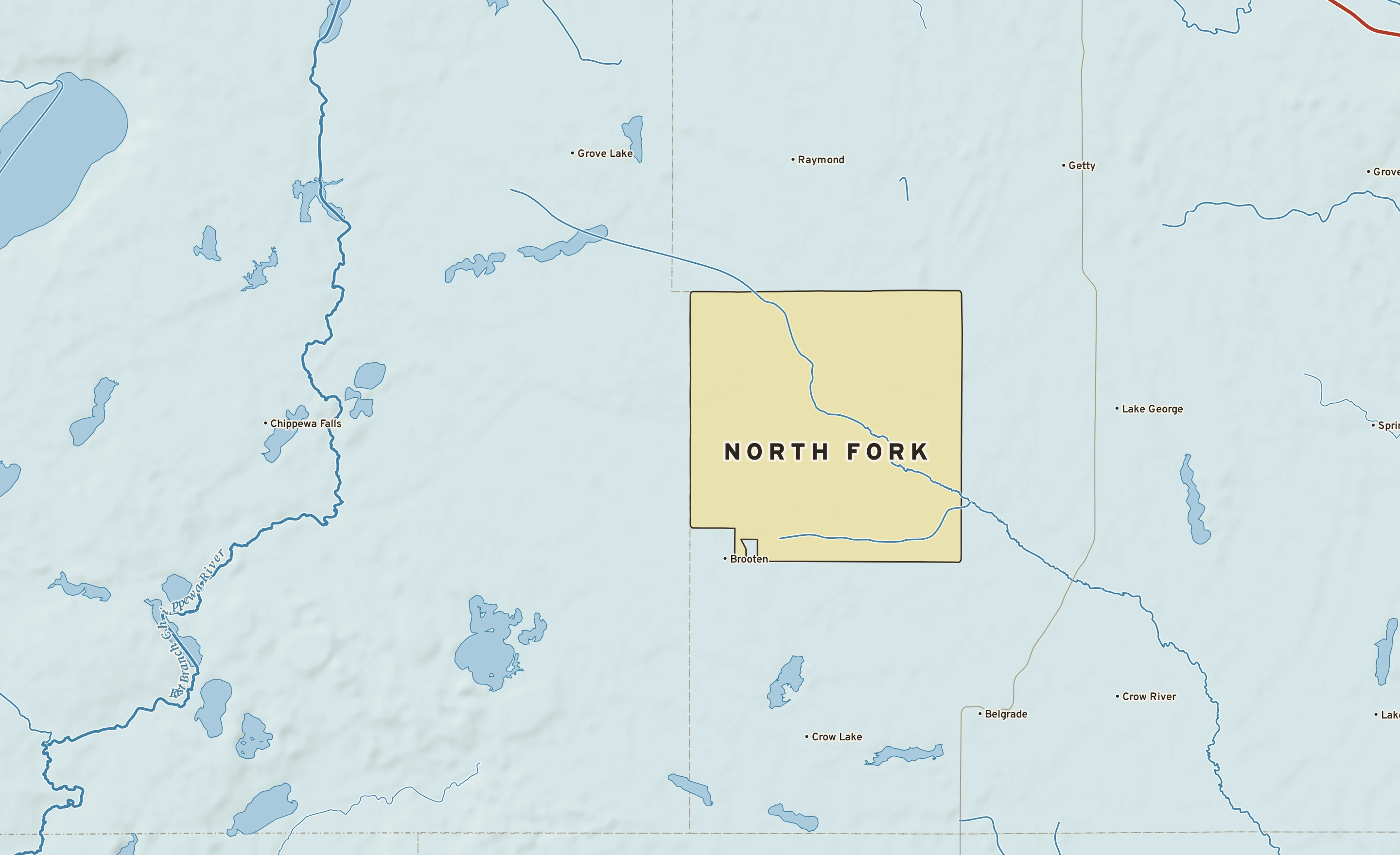 Shaded-relief atlas plate of North Fork, Minnesota: rivers, roads, the city limits and where the water drains.