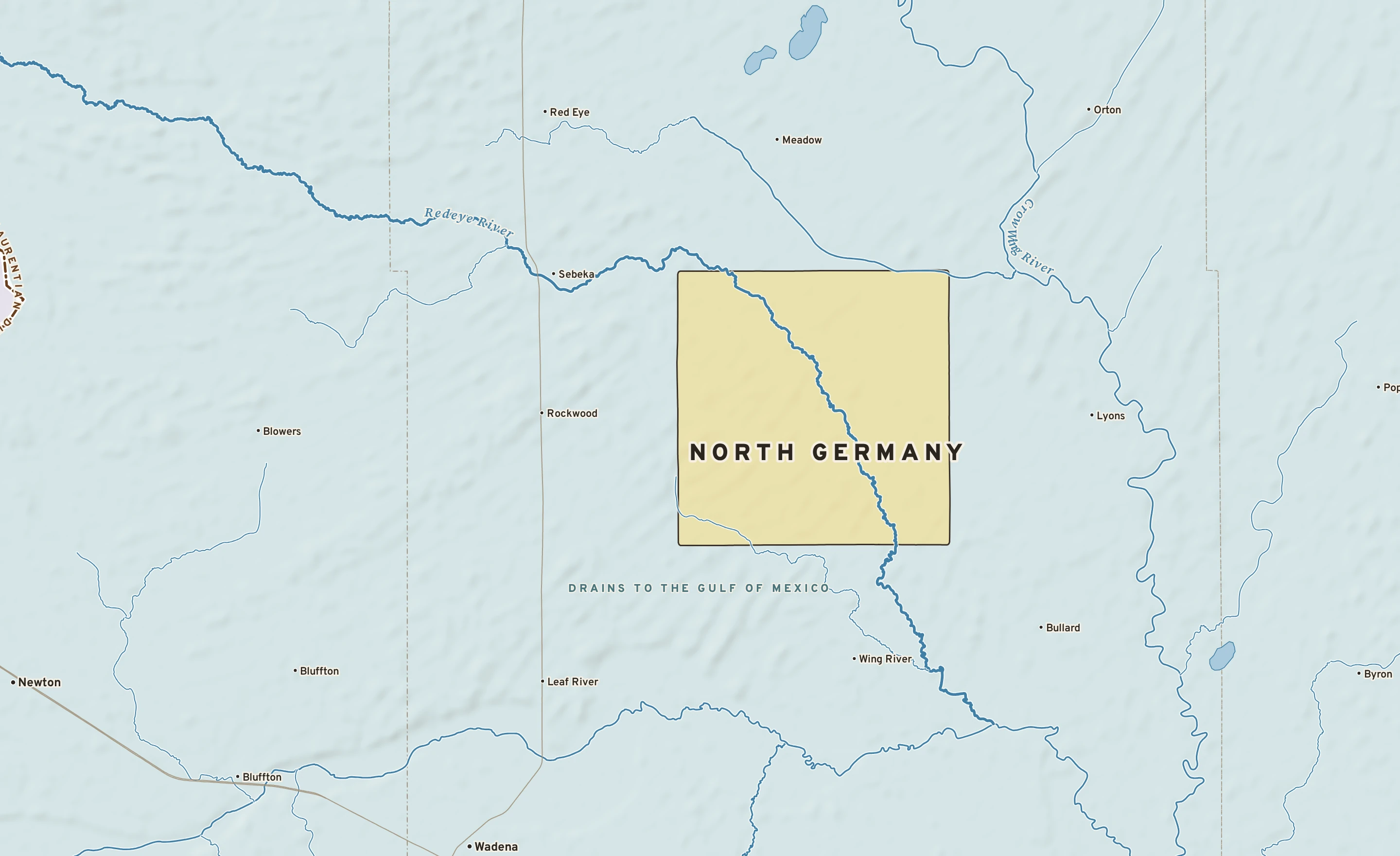 Shaded-relief atlas plate of North Germany, Minnesota: rivers, roads, the city limits and where the water drains.