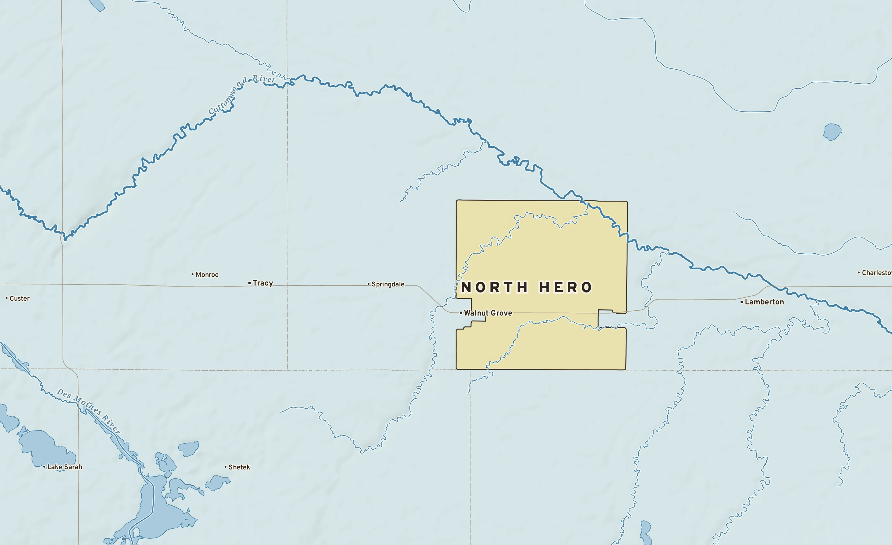 Shaded-relief atlas plate of North Hero, Minnesota: rivers, roads, the city limits and where the water drains.