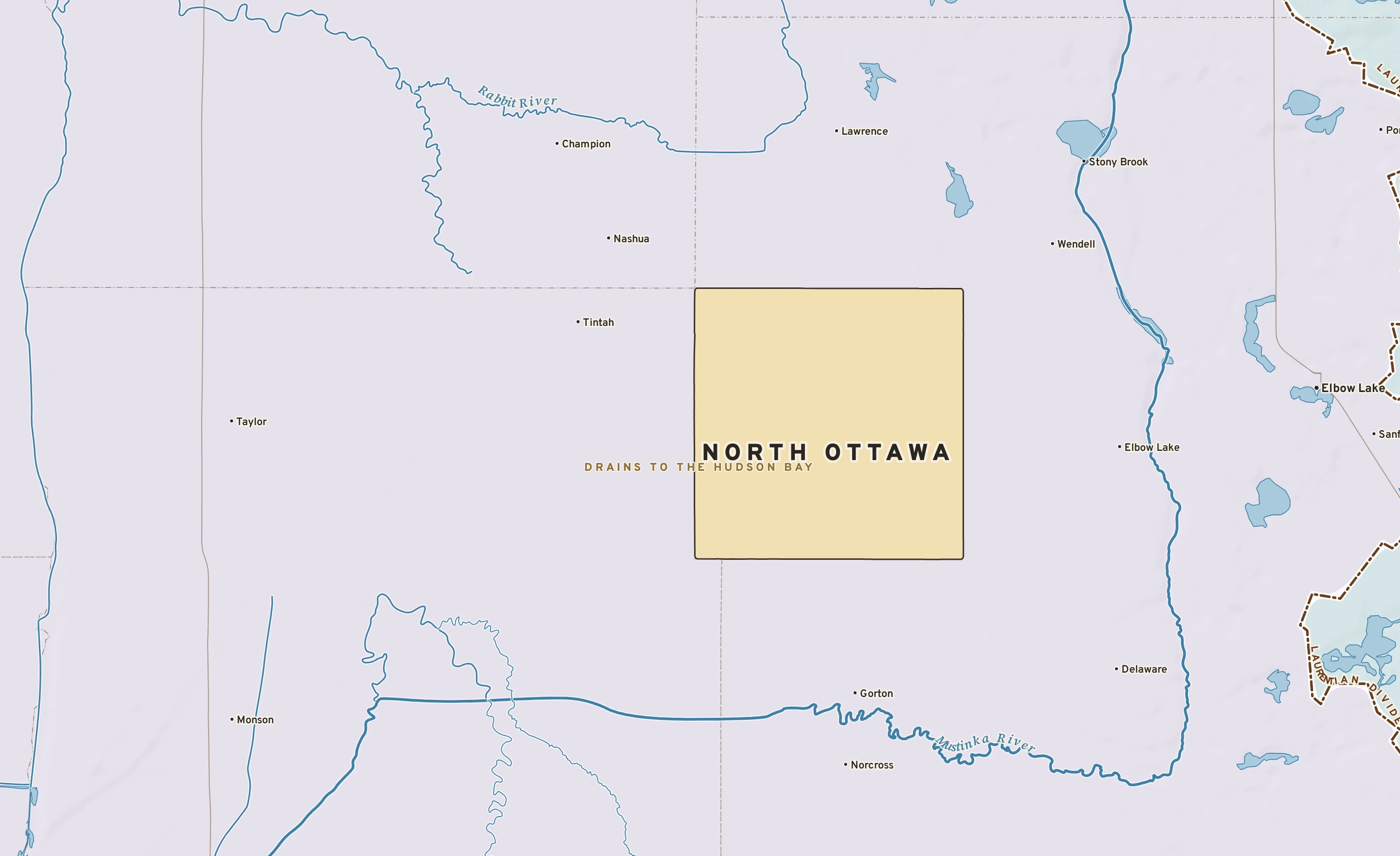 Shaded-relief atlas plate of North Ottawa, Minnesota: rivers, roads, the city limits and where the water drains.
