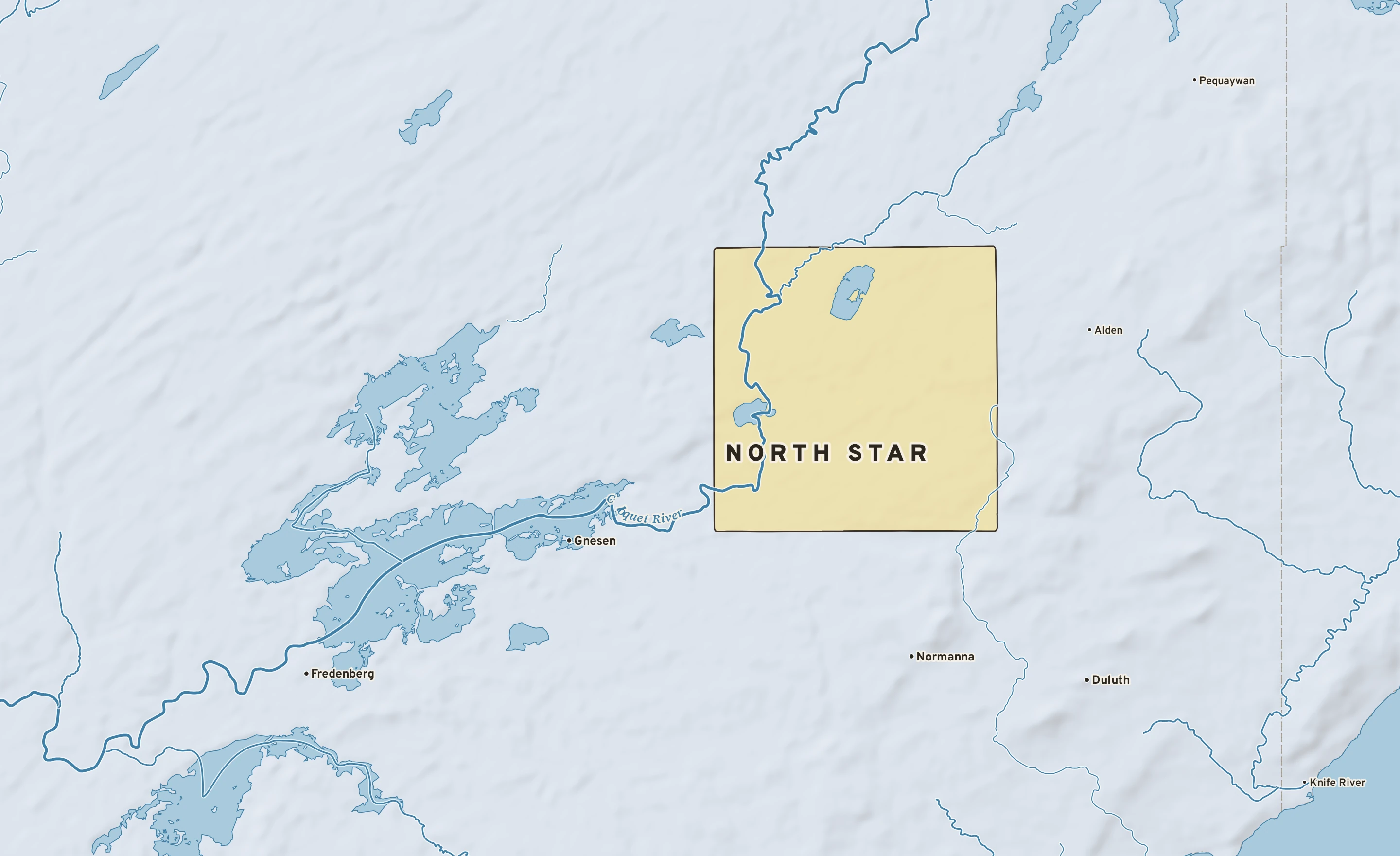 Shaded-relief atlas plate of North Star, Minnesota: rivers, roads, the city limits and where the water drains.