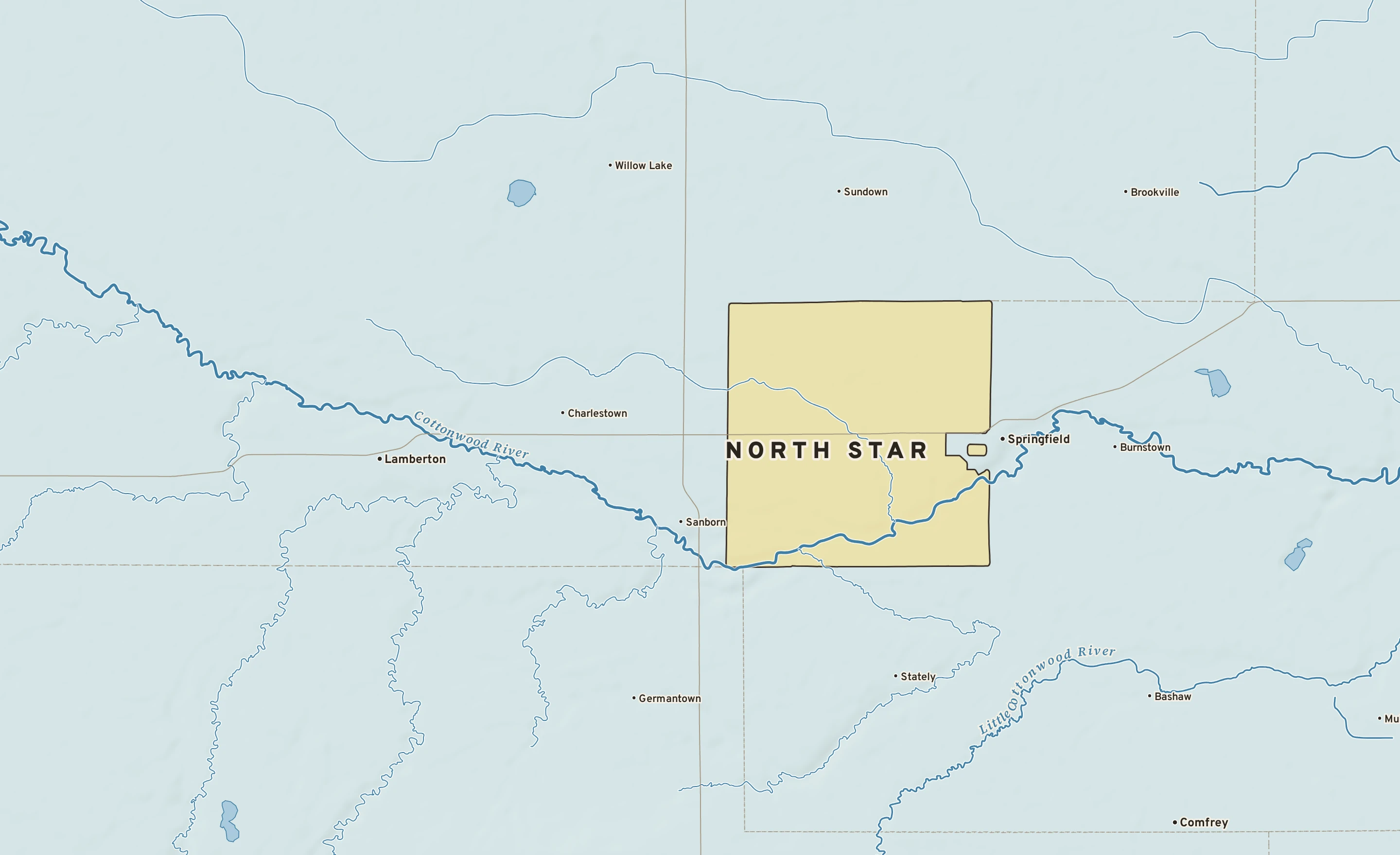 Shaded-relief atlas plate of North Star, Minnesota: rivers, roads, the city limits and where the water drains.