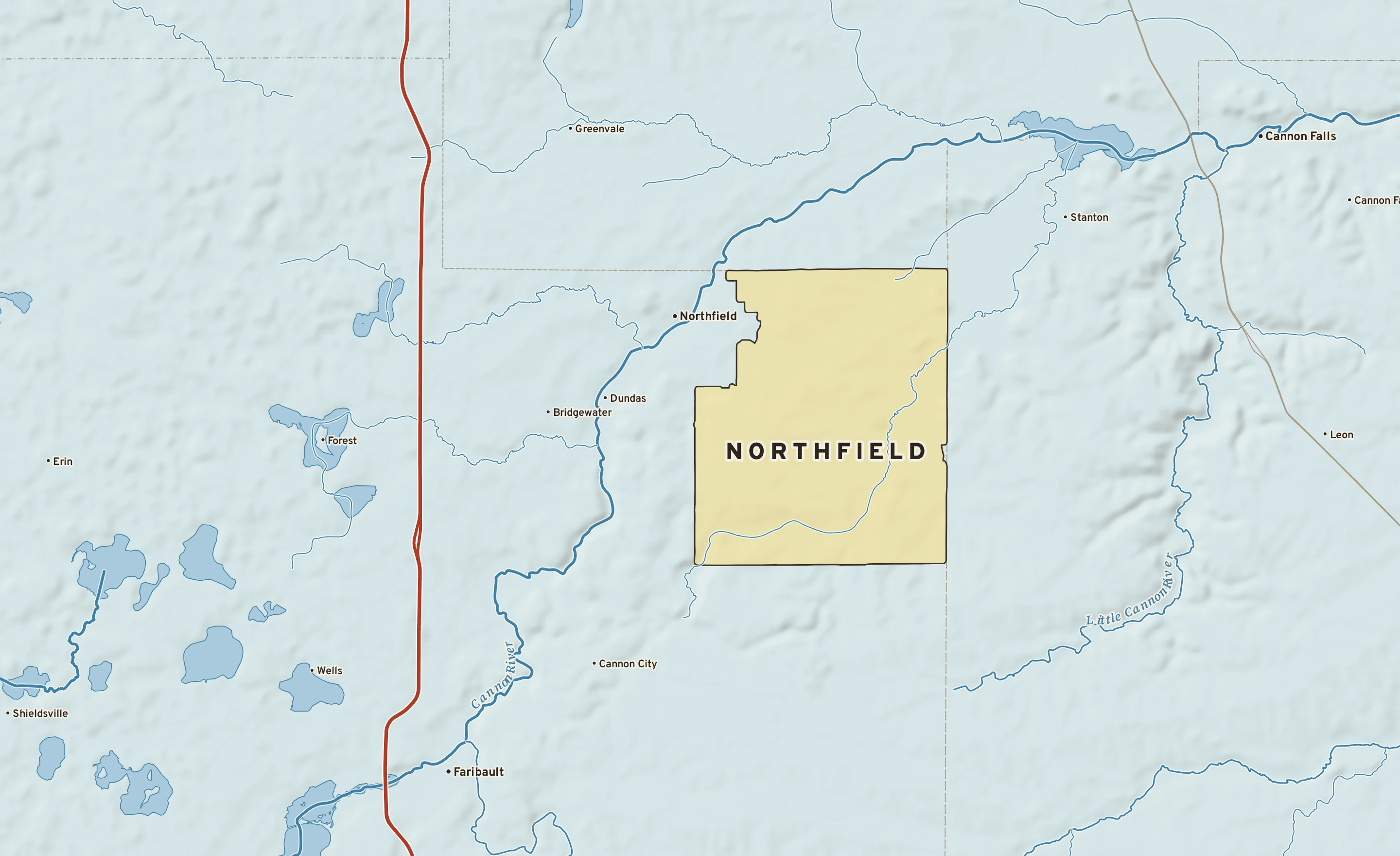 Shaded-relief atlas plate of Northfield, Minnesota: rivers, roads, the city limits and where the water drains.