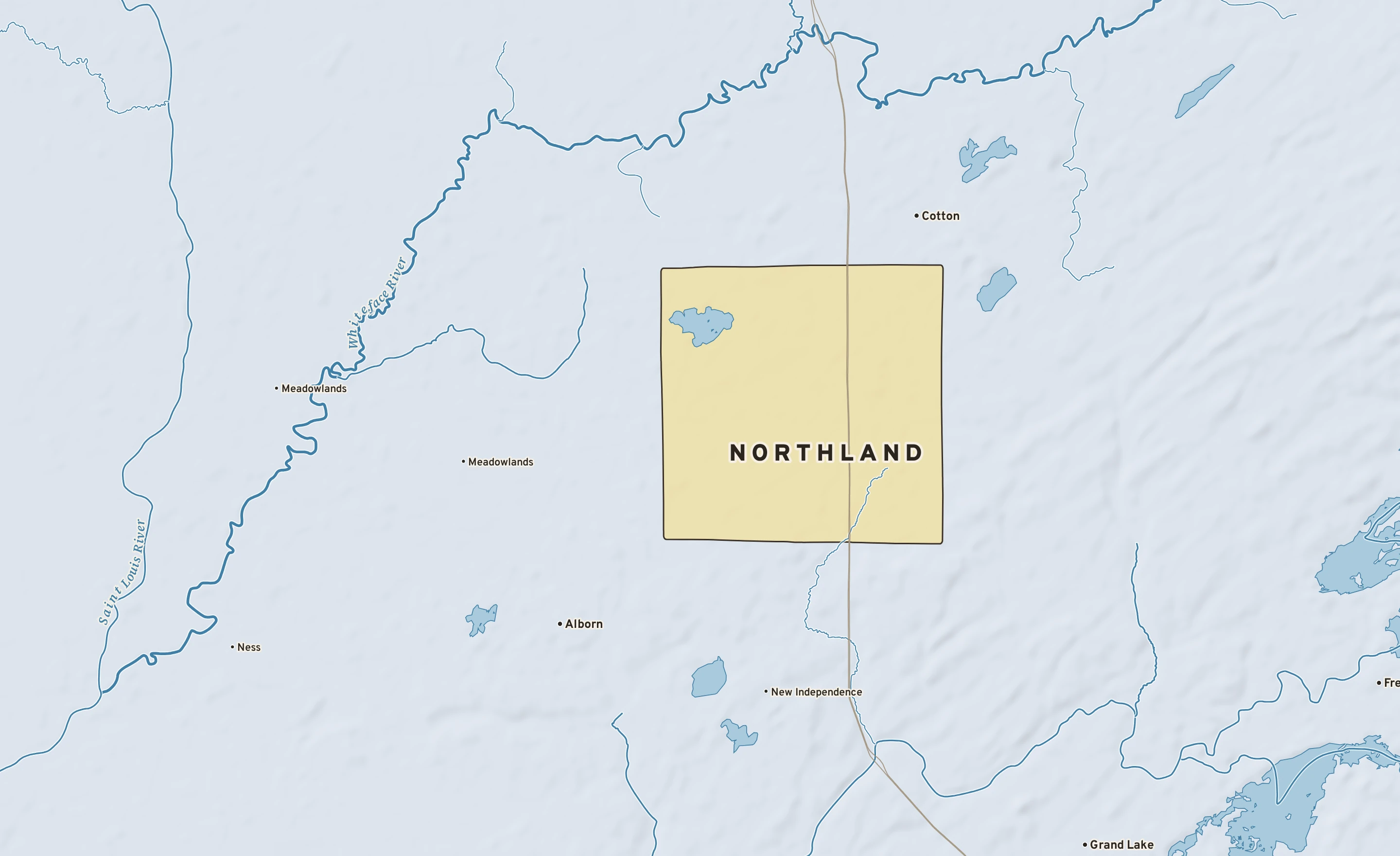 Shaded-relief atlas plate of Northland, Minnesota: rivers, roads, the city limits and where the water drains.