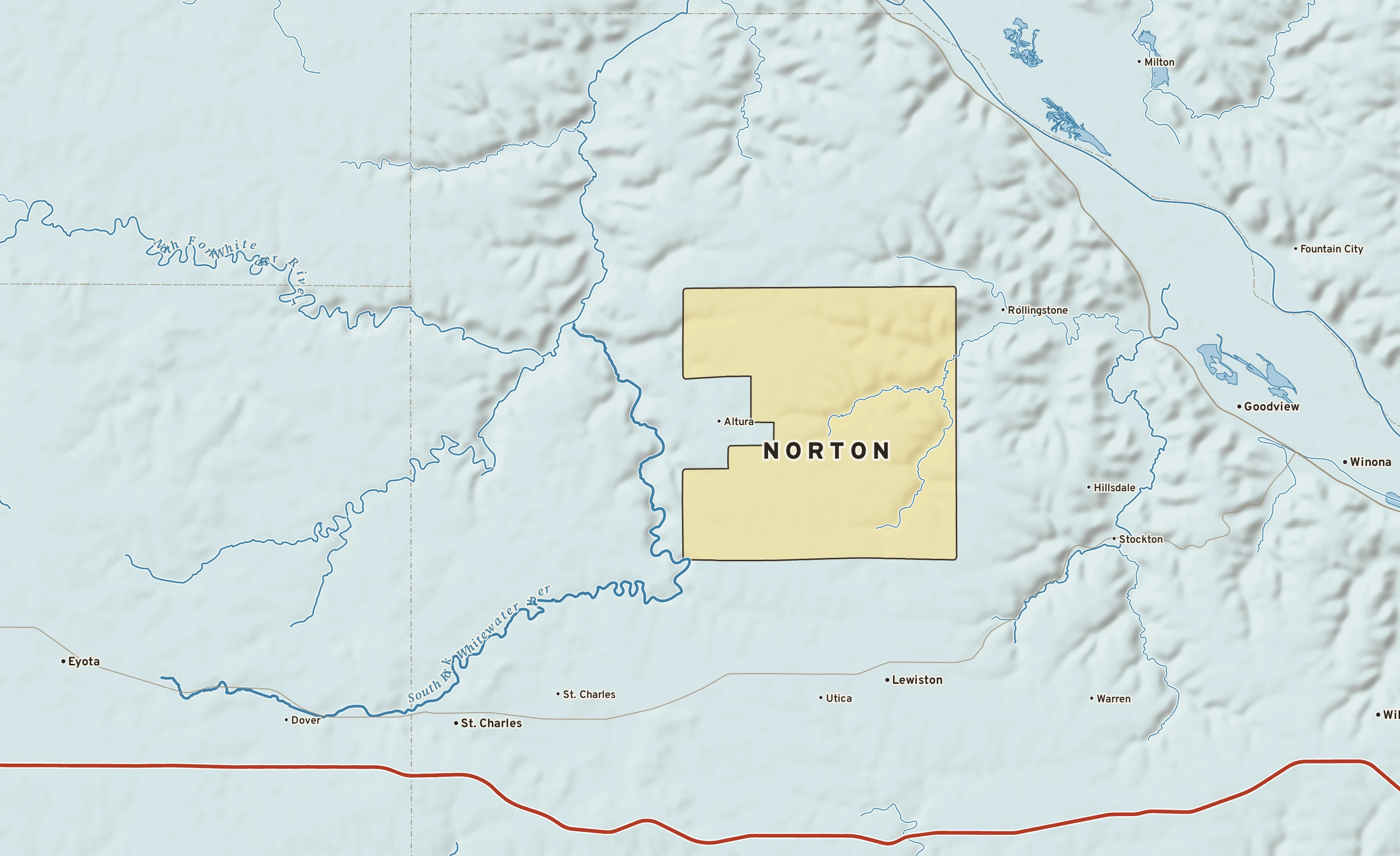 Shaded-relief atlas plate of Norton, Minnesota: rivers, roads, the city limits and where the water drains.