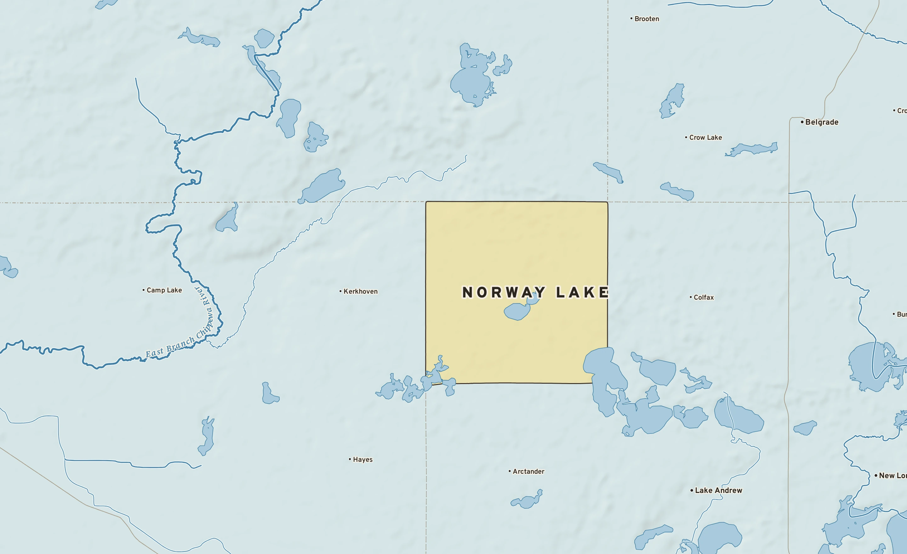 Shaded-relief atlas plate of Norway Lake, Minnesota: rivers, roads, the city limits and where the water drains.