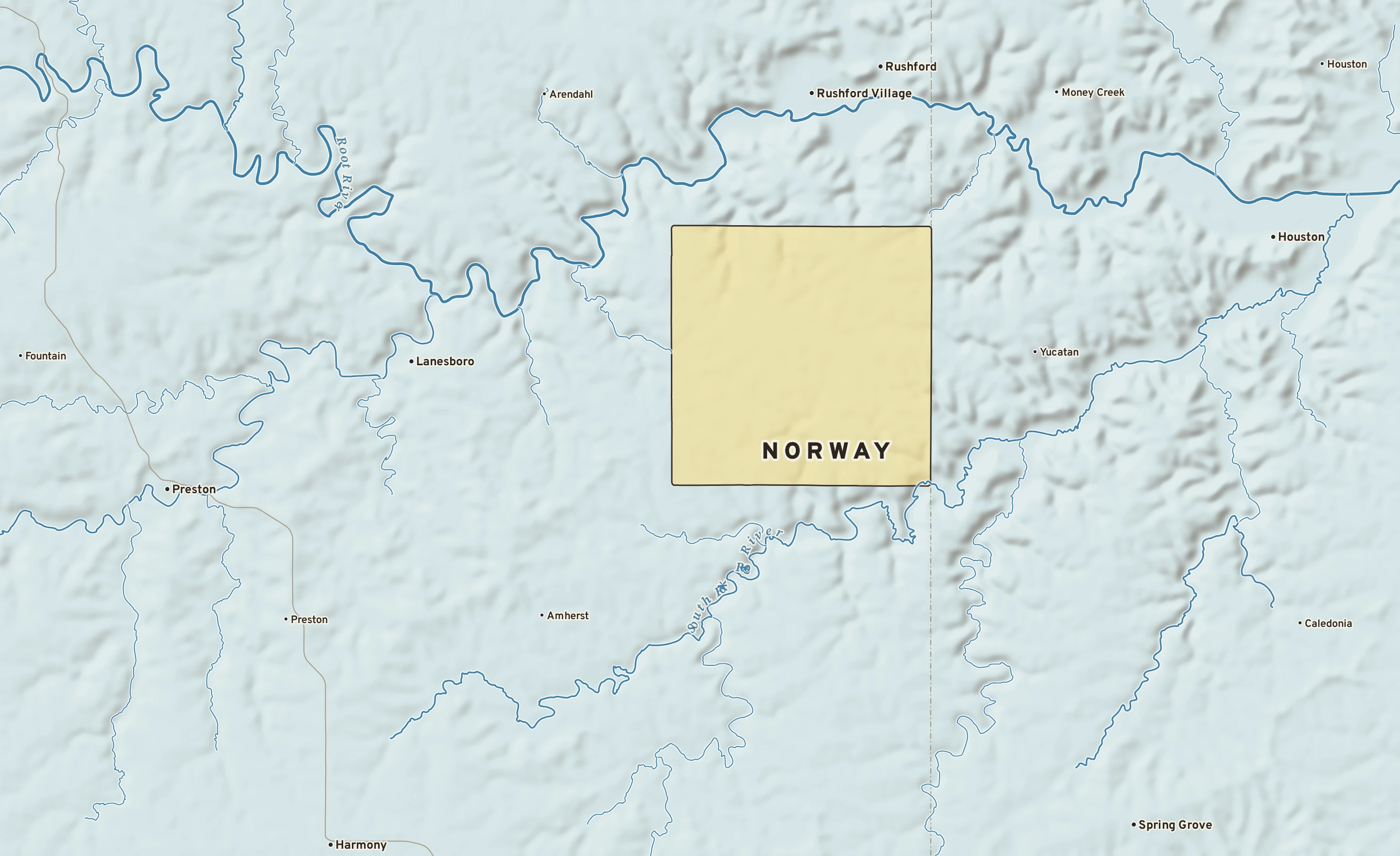 Shaded-relief atlas plate of Norway, Minnesota: rivers, roads, the city limits and where the water drains.