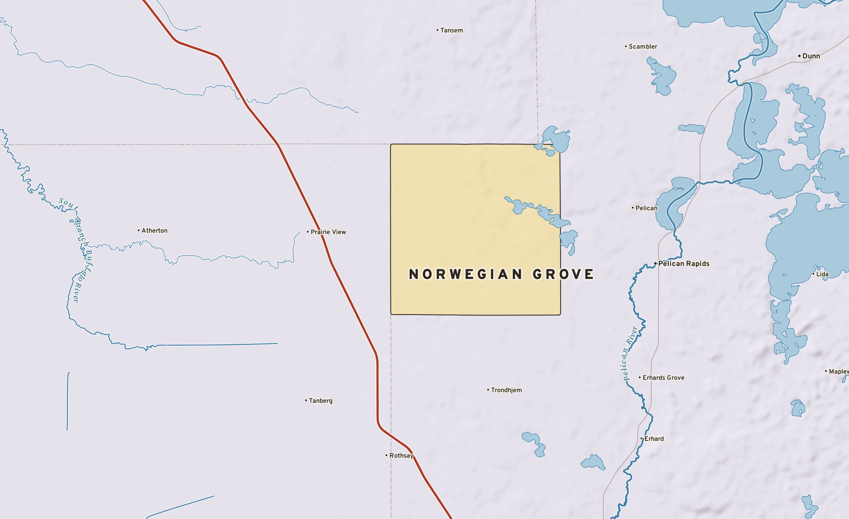 Shaded-relief atlas plate of Norwegian Grove, Minnesota: rivers, roads, the city limits and where the water drains.