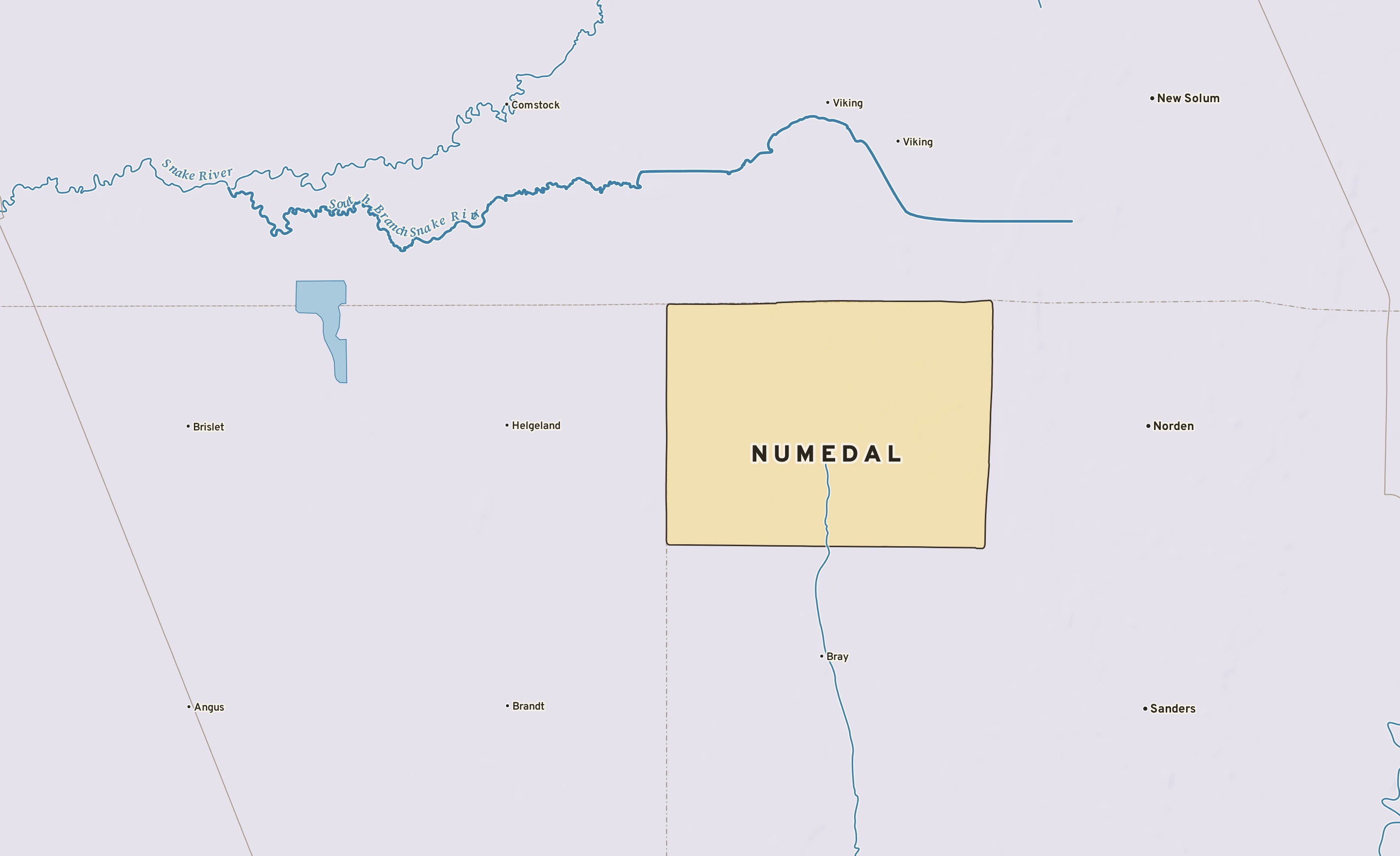 Shaded-relief atlas plate of Numedal, Minnesota: rivers, roads, the city limits and where the water drains.
