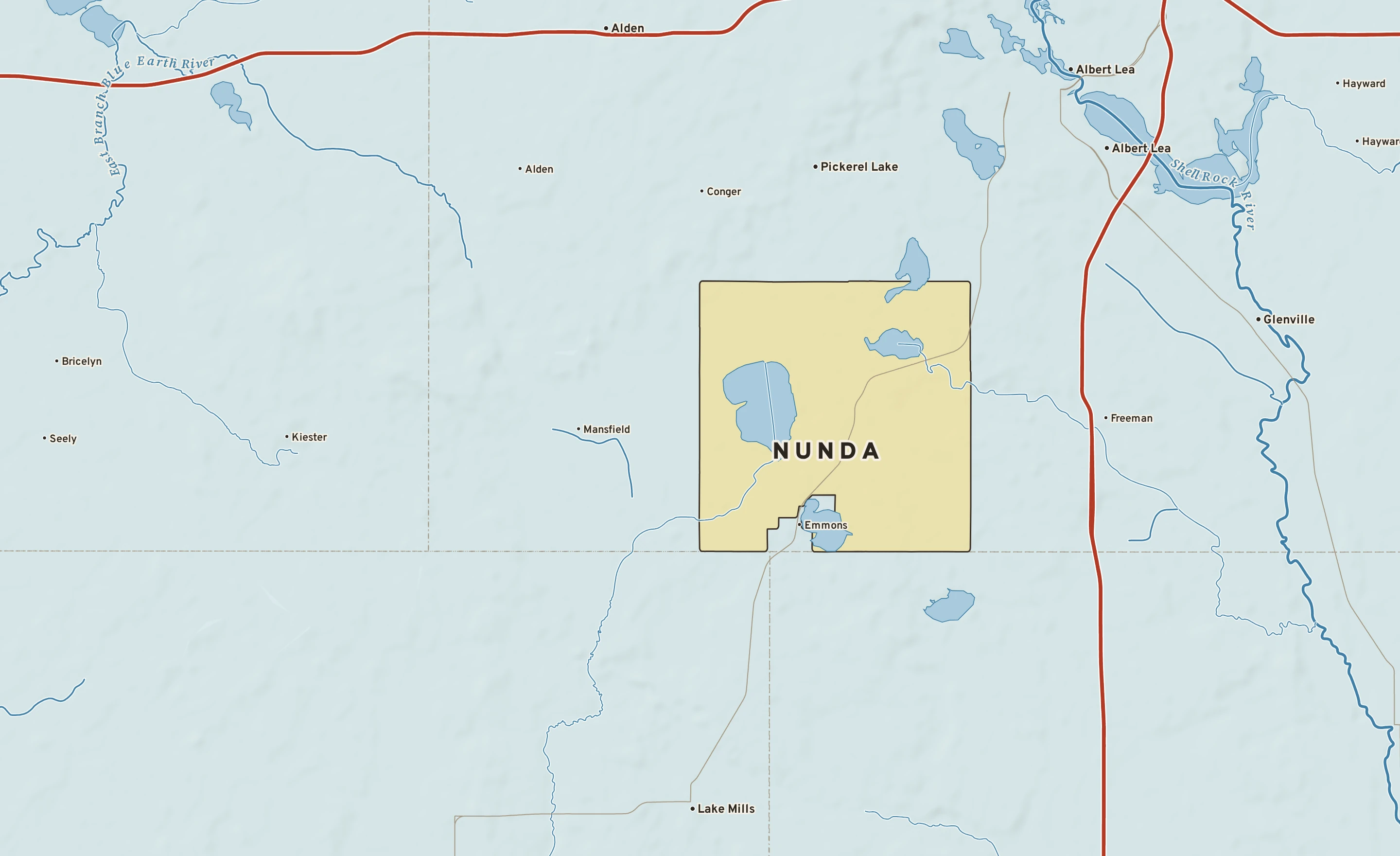 Shaded-relief atlas plate of Nunda, Minnesota: rivers, roads, the city limits and where the water drains.