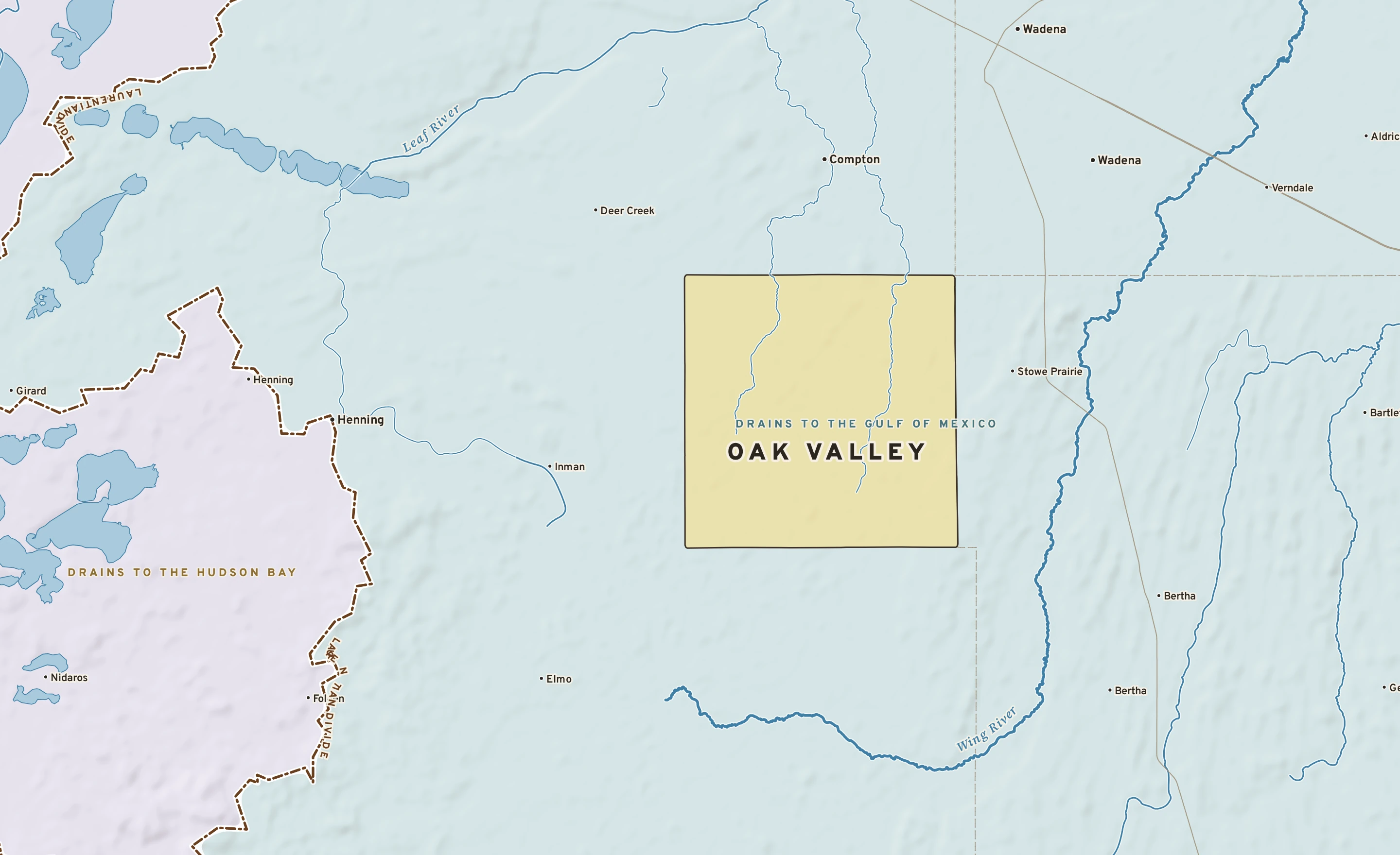 Shaded-relief atlas plate of Oak Valley, Minnesota: rivers, roads, the city limits and where the water drains.