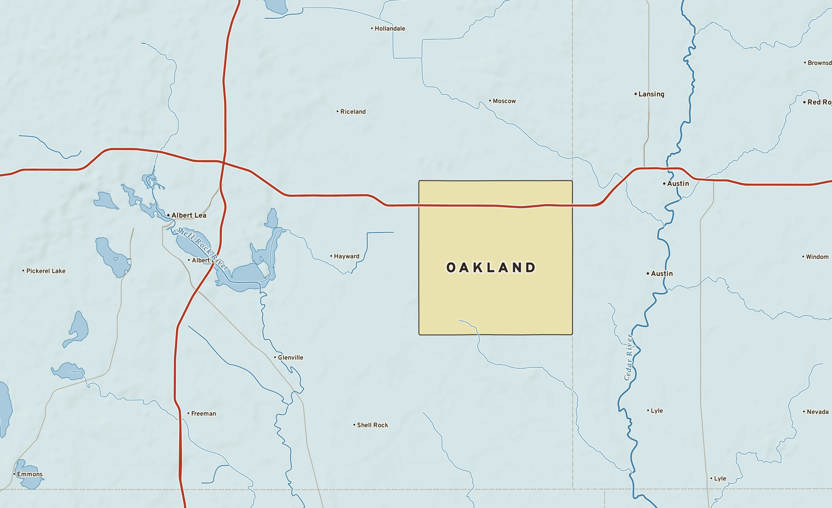 Shaded-relief atlas plate of Oakland, Minnesota: rivers, roads, the city limits and where the water drains.