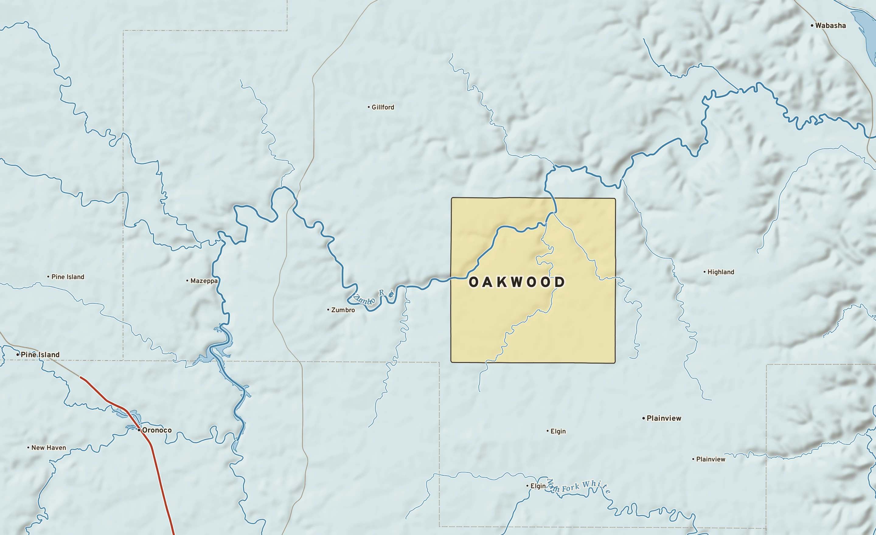 Shaded-relief atlas plate of Oakwood, Minnesota: rivers, roads, the city limits and where the water drains.