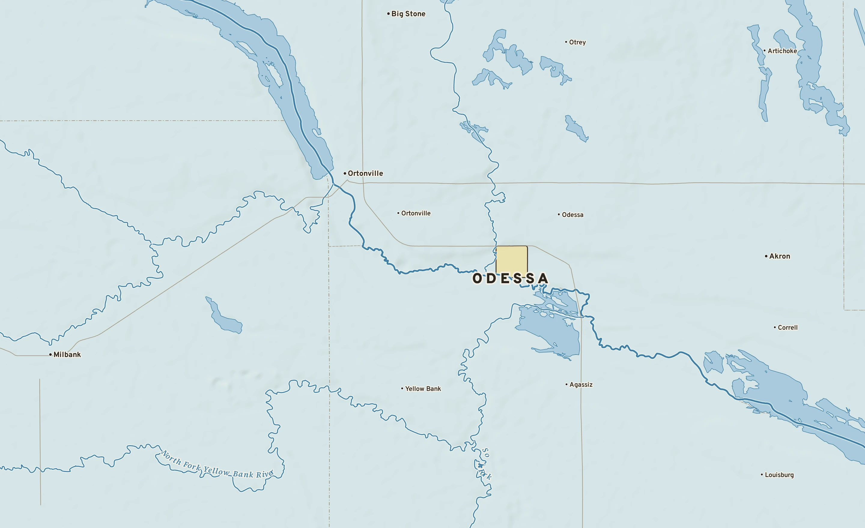 Shaded-relief atlas plate of Odessa, Minnesota: rivers, roads, the city limits and where the water drains.