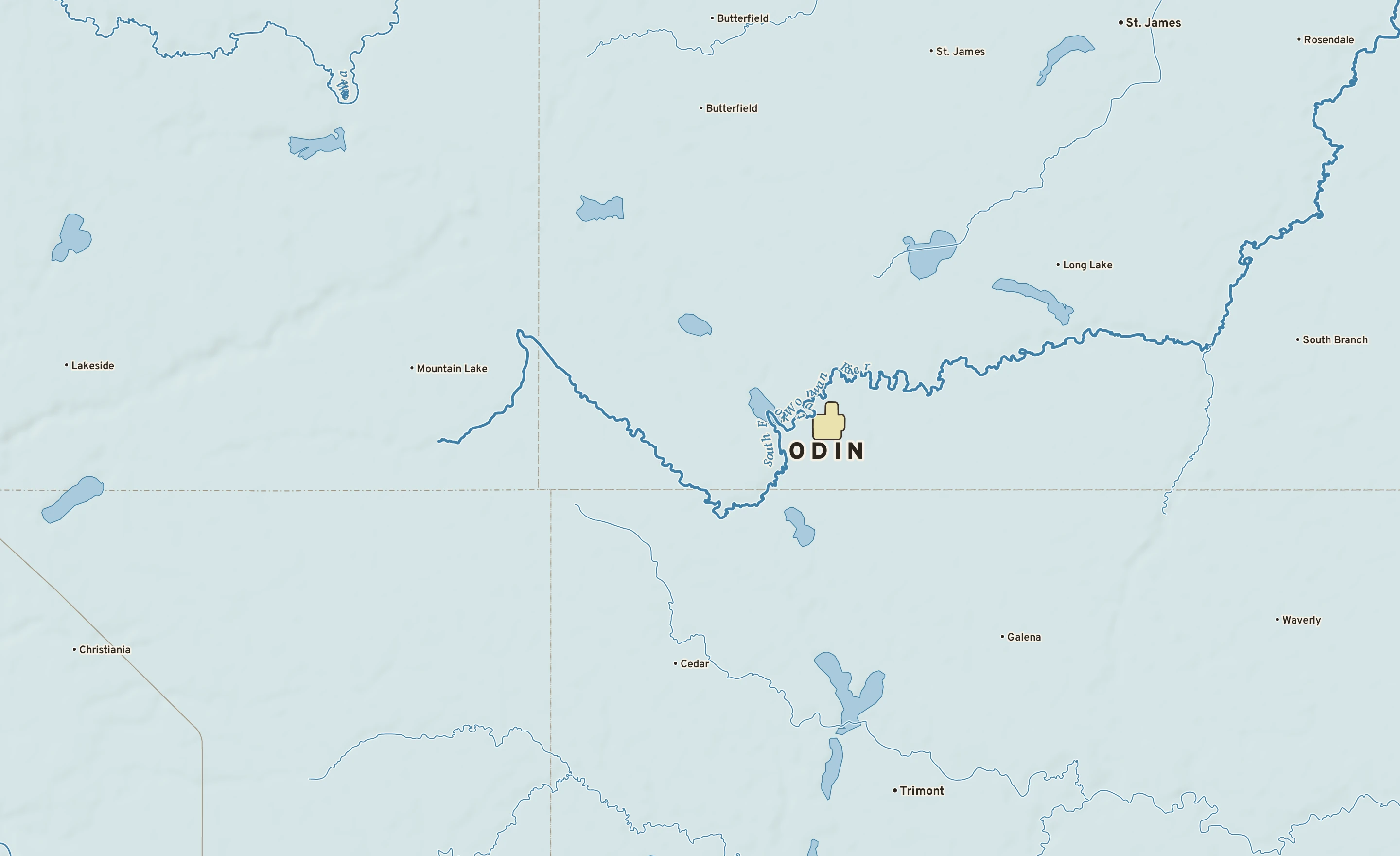 Shaded-relief atlas plate of Odin, Minnesota: rivers, roads, the city limits and where the water drains.