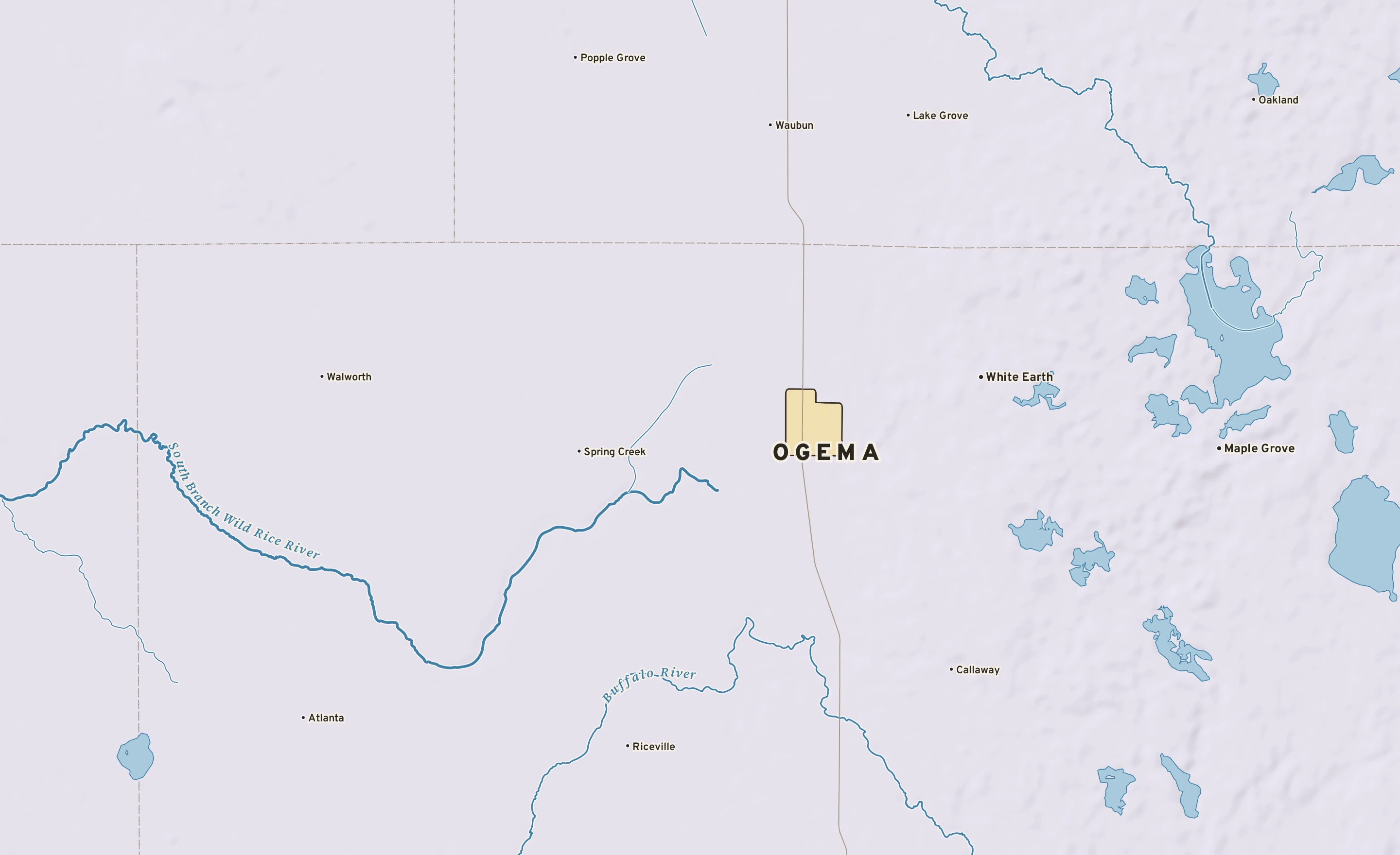 Shaded-relief atlas plate of Ogema, Minnesota: rivers, roads, the city limits and where the water drains.