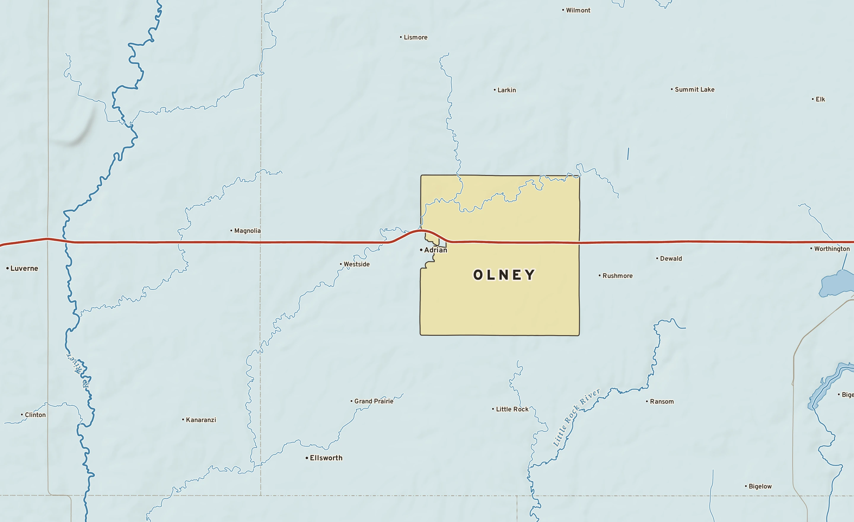 Shaded-relief atlas plate of Olney, Minnesota: rivers, roads, the city limits and where the water drains.
