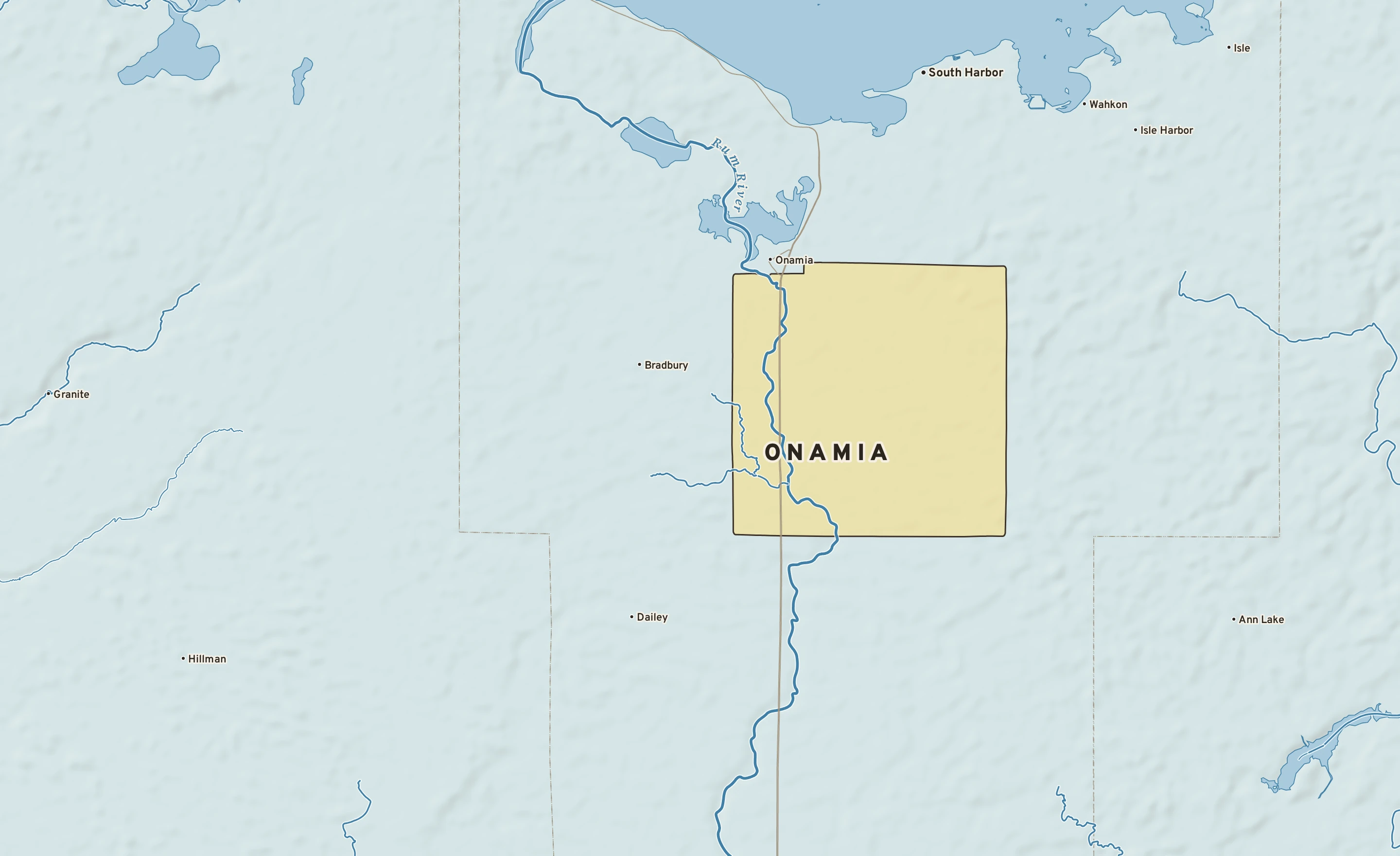 Shaded-relief atlas plate of Onamia, Minnesota: rivers, roads, the city limits and where the water drains.