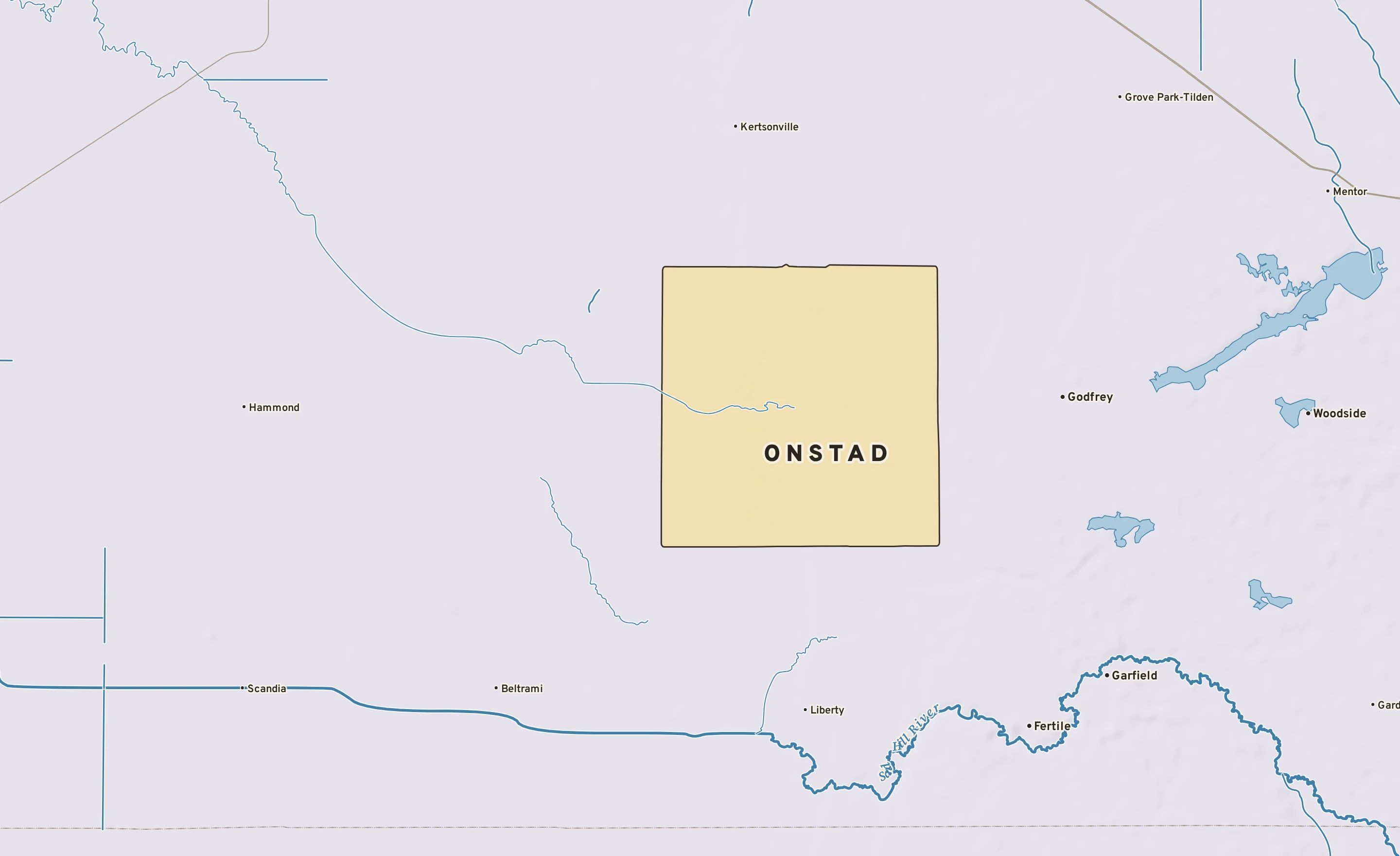 Shaded-relief atlas plate of Onstad, Minnesota: rivers, roads, the city limits and where the water drains.