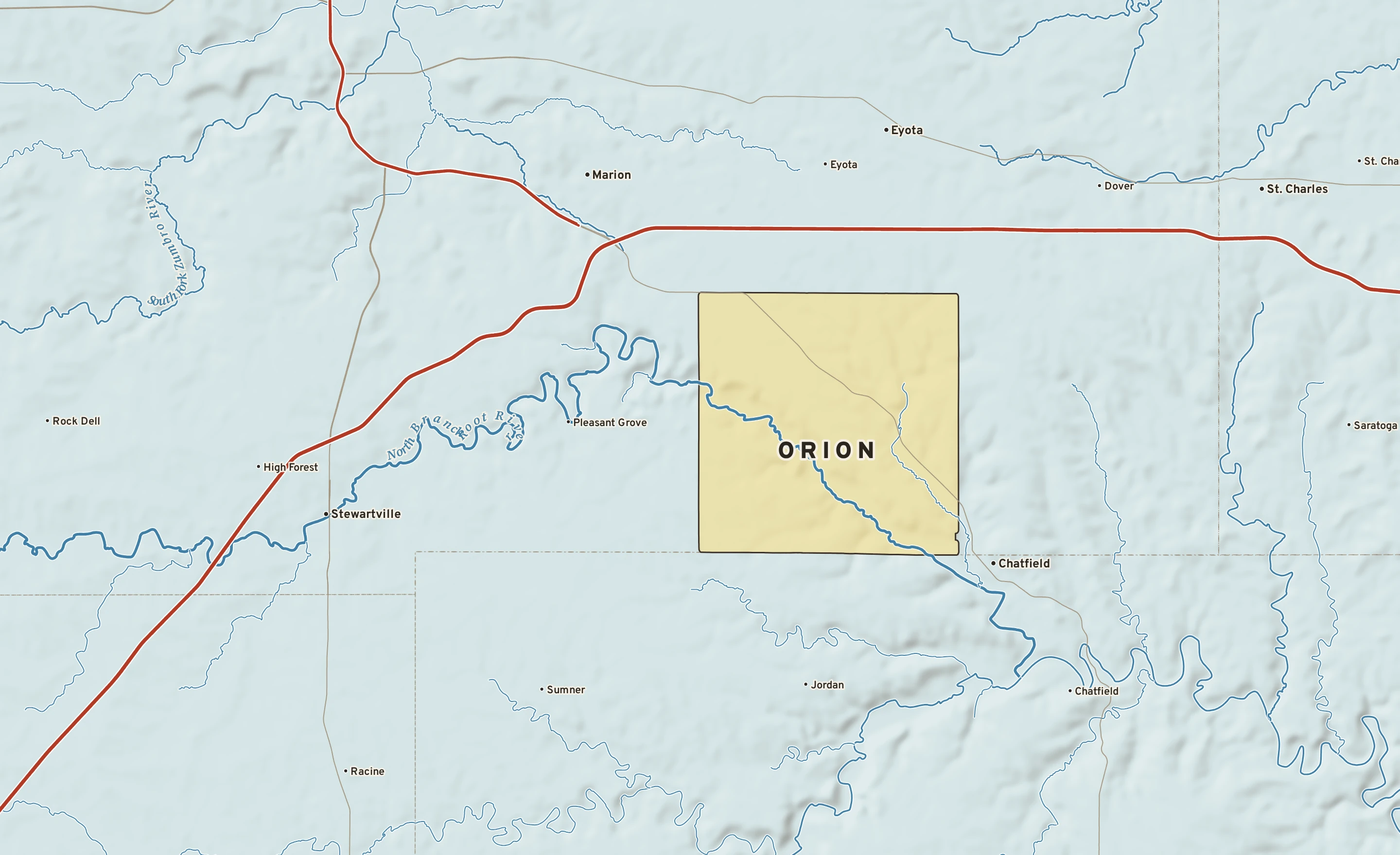 Shaded-relief atlas plate of Orion, Minnesota: rivers, roads, the city limits and where the water drains.
