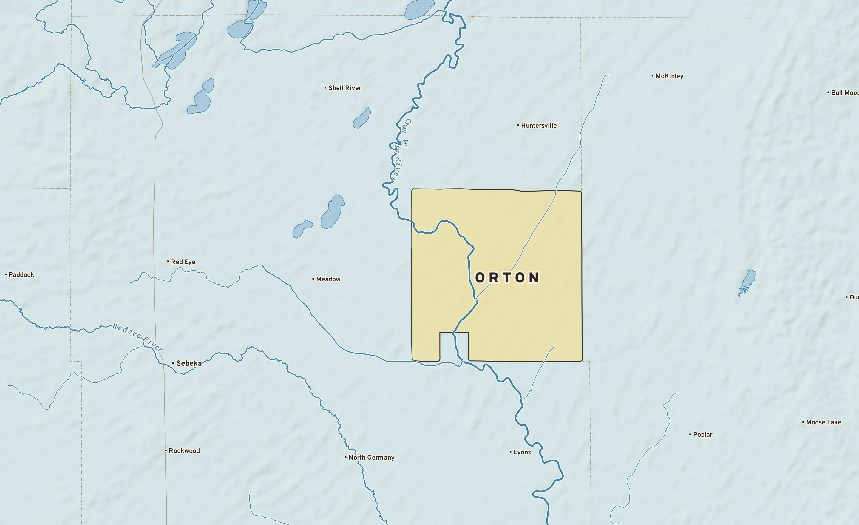 Shaded-relief atlas plate of Orton, Minnesota: rivers, roads, the city limits and where the water drains.