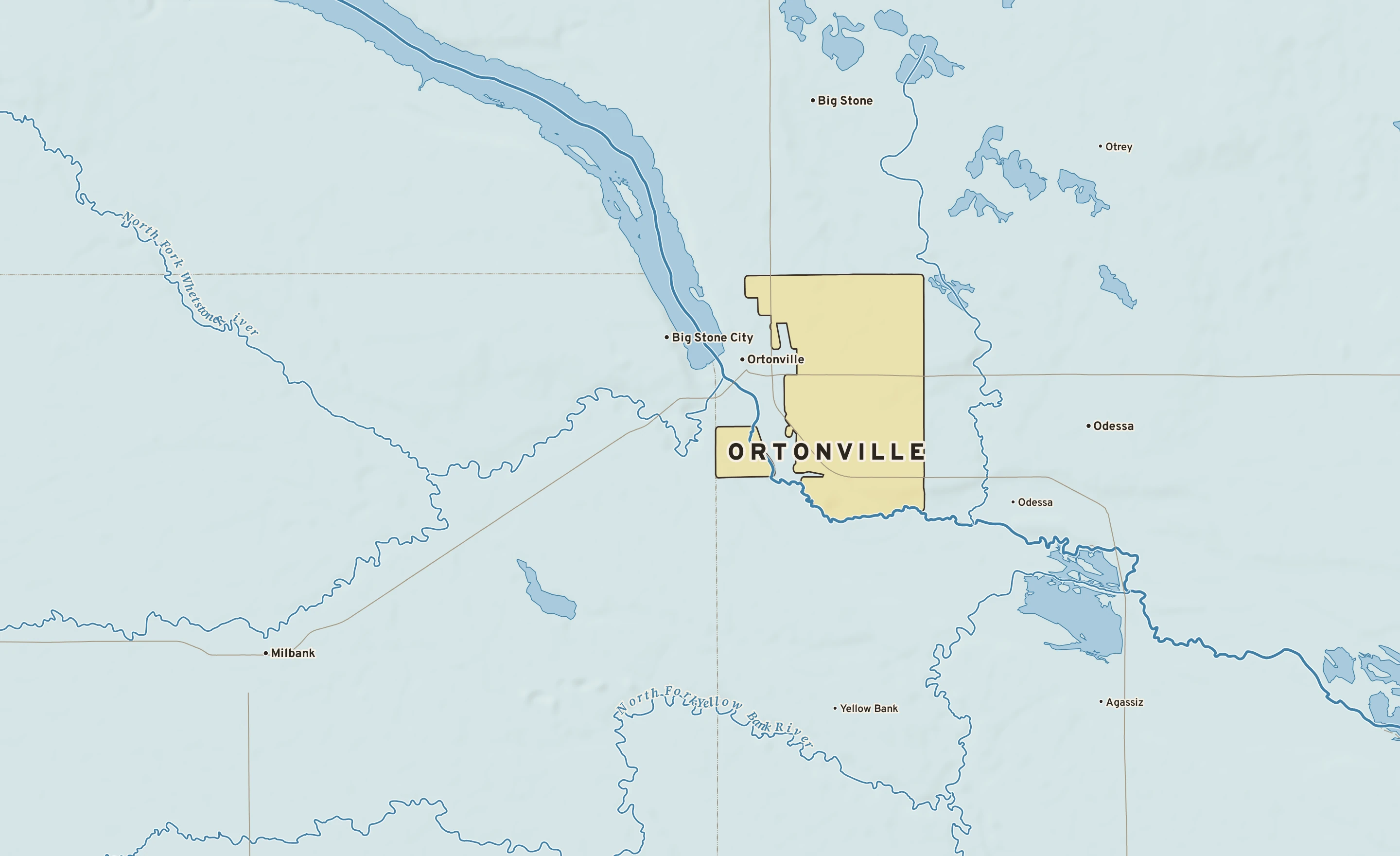 Shaded-relief atlas plate of Ortonville, Minnesota: rivers, roads, the city limits and where the water drains.