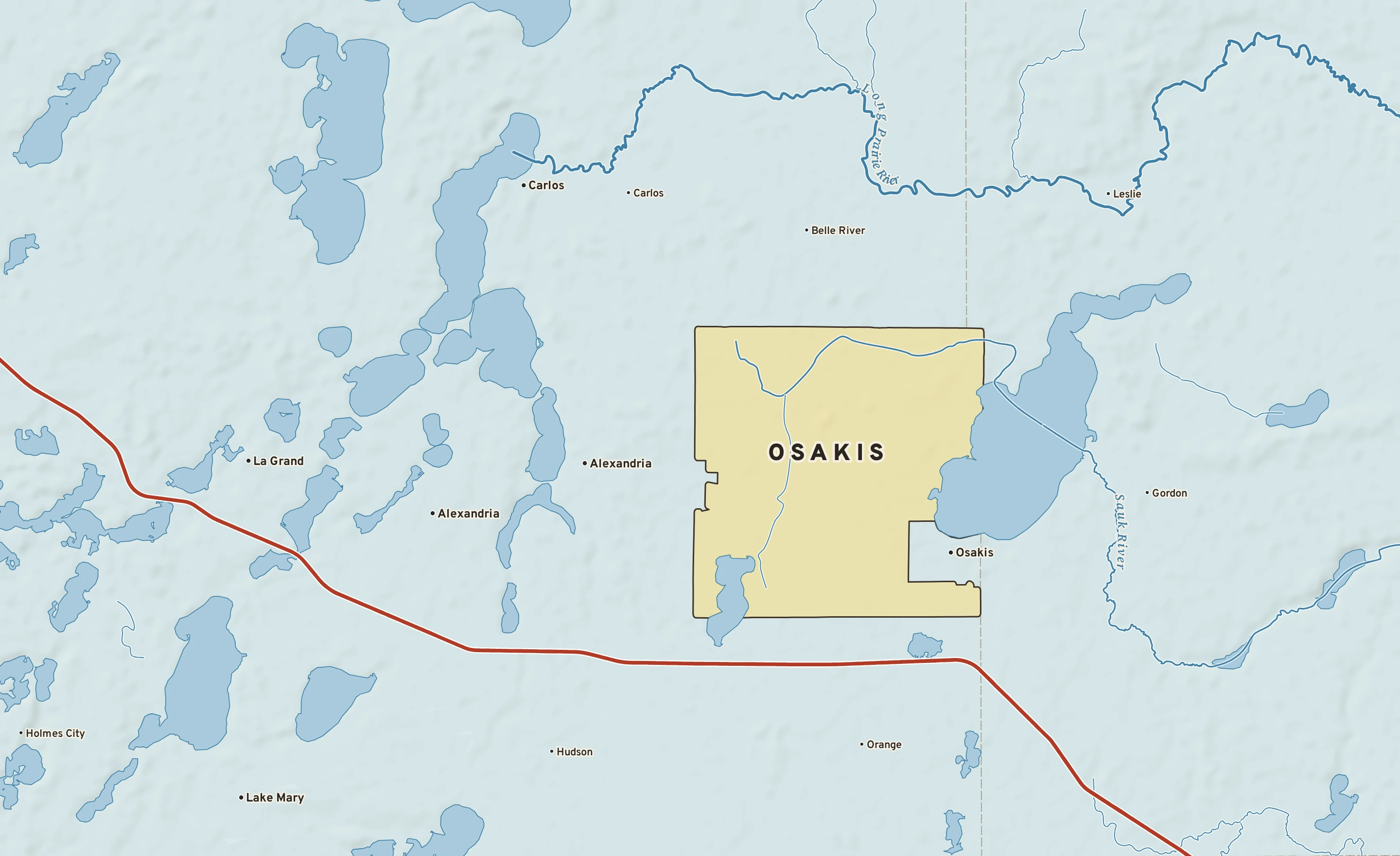 Shaded-relief atlas plate of Osakis, Minnesota: rivers, roads, the city limits and where the water drains.
