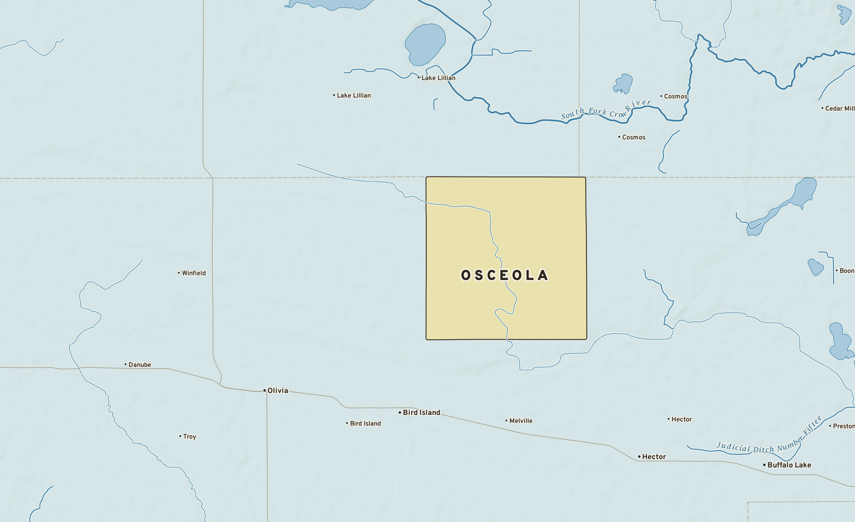 Shaded-relief atlas plate of Osceola, Minnesota: rivers, roads, the city limits and where the water drains.