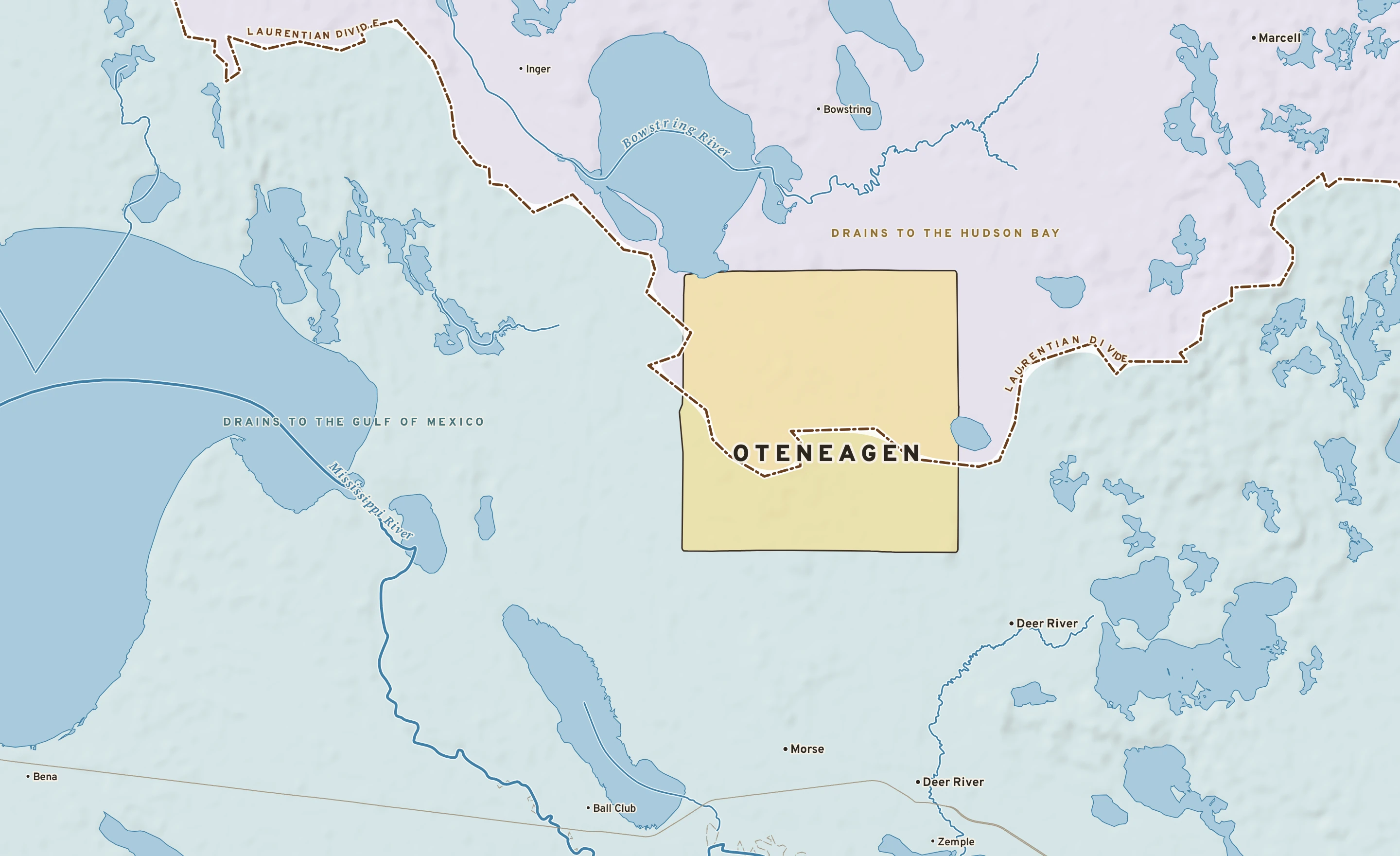 Shaded-relief atlas plate of Oteneagen, Minnesota: rivers, roads, the city limits and where the water drains.