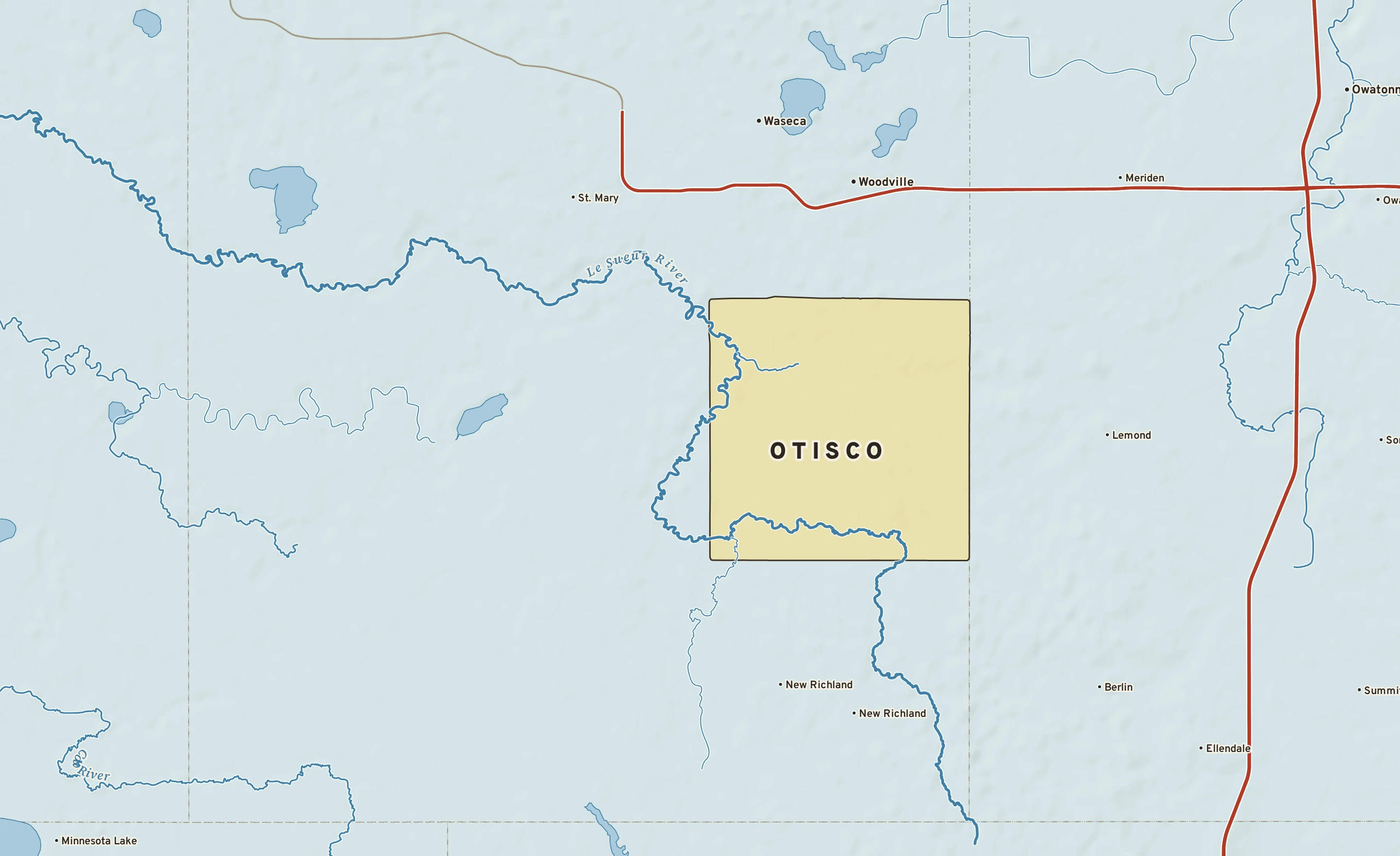 Shaded-relief atlas plate of Otisco, Minnesota: rivers, roads, the city limits and where the water drains.