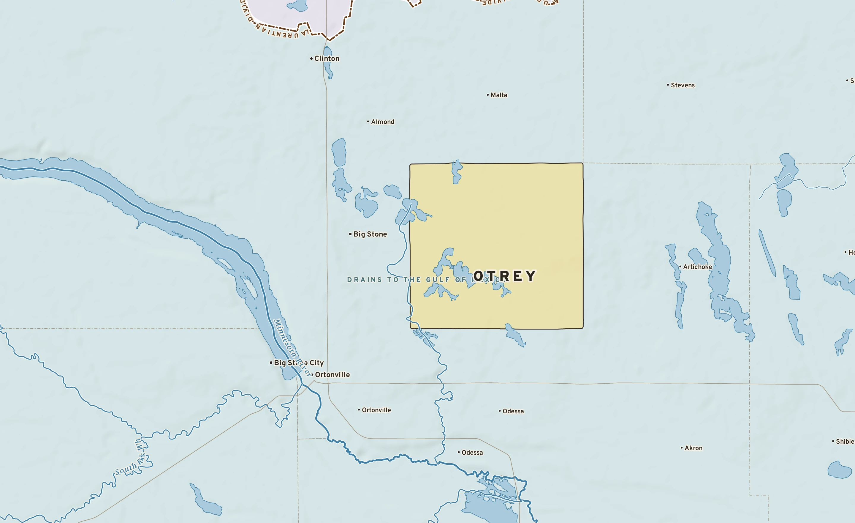 Shaded-relief atlas plate of Otrey, Minnesota: rivers, roads, the city limits and where the water drains.