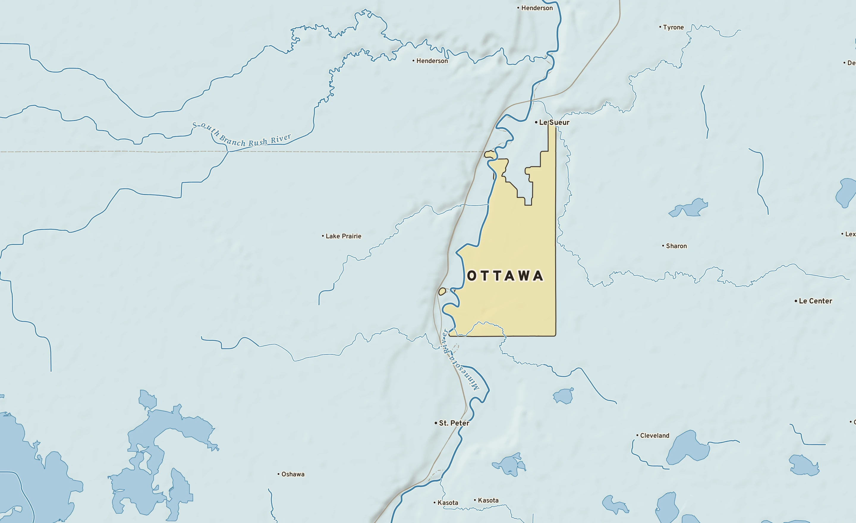 Shaded-relief atlas plate of Ottawa, Minnesota: rivers, roads, the city limits and where the water drains.