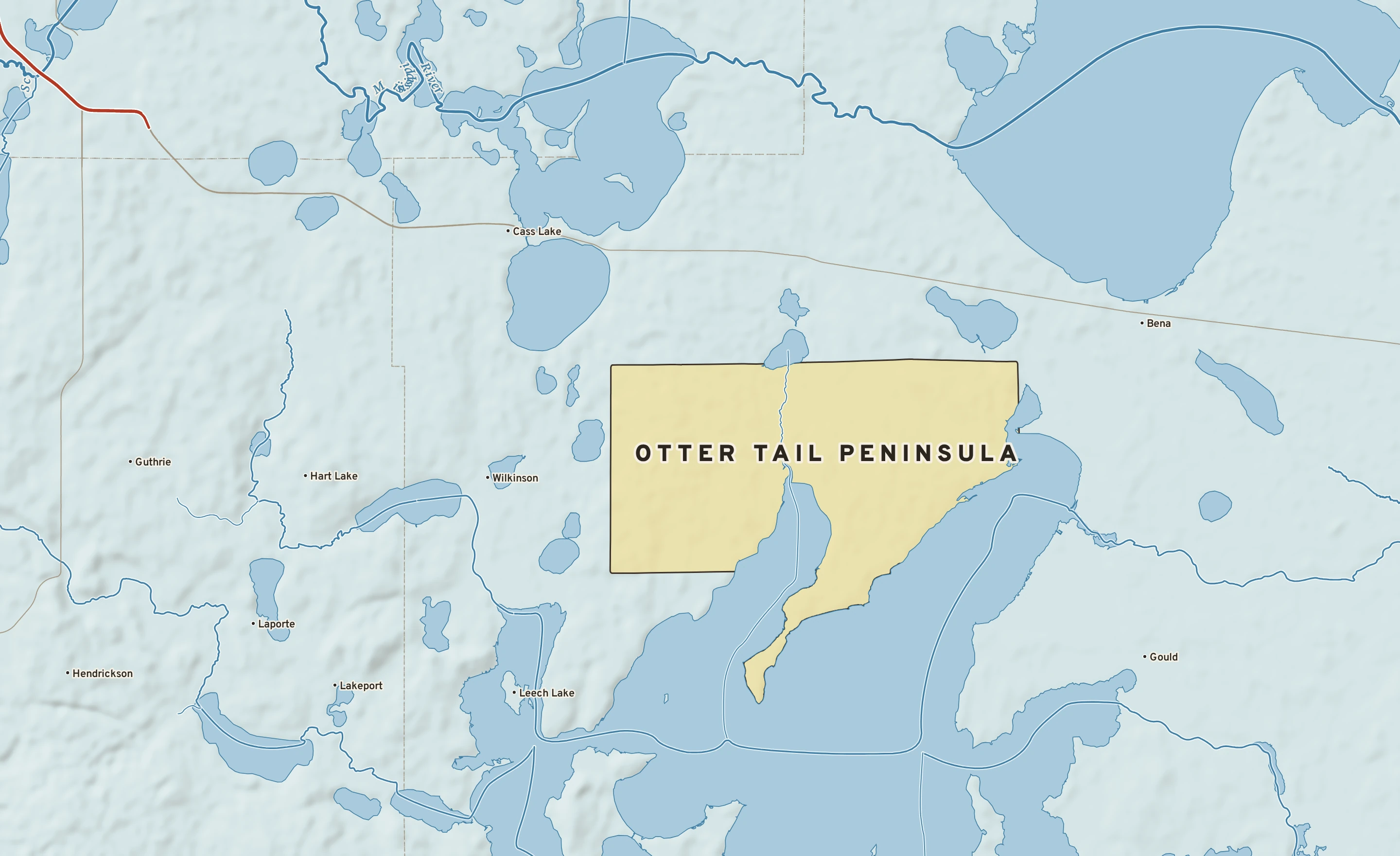 Shaded-relief atlas plate of Otter Tail Peninsula, Minnesota: rivers, roads, the city limits and where the water drains.