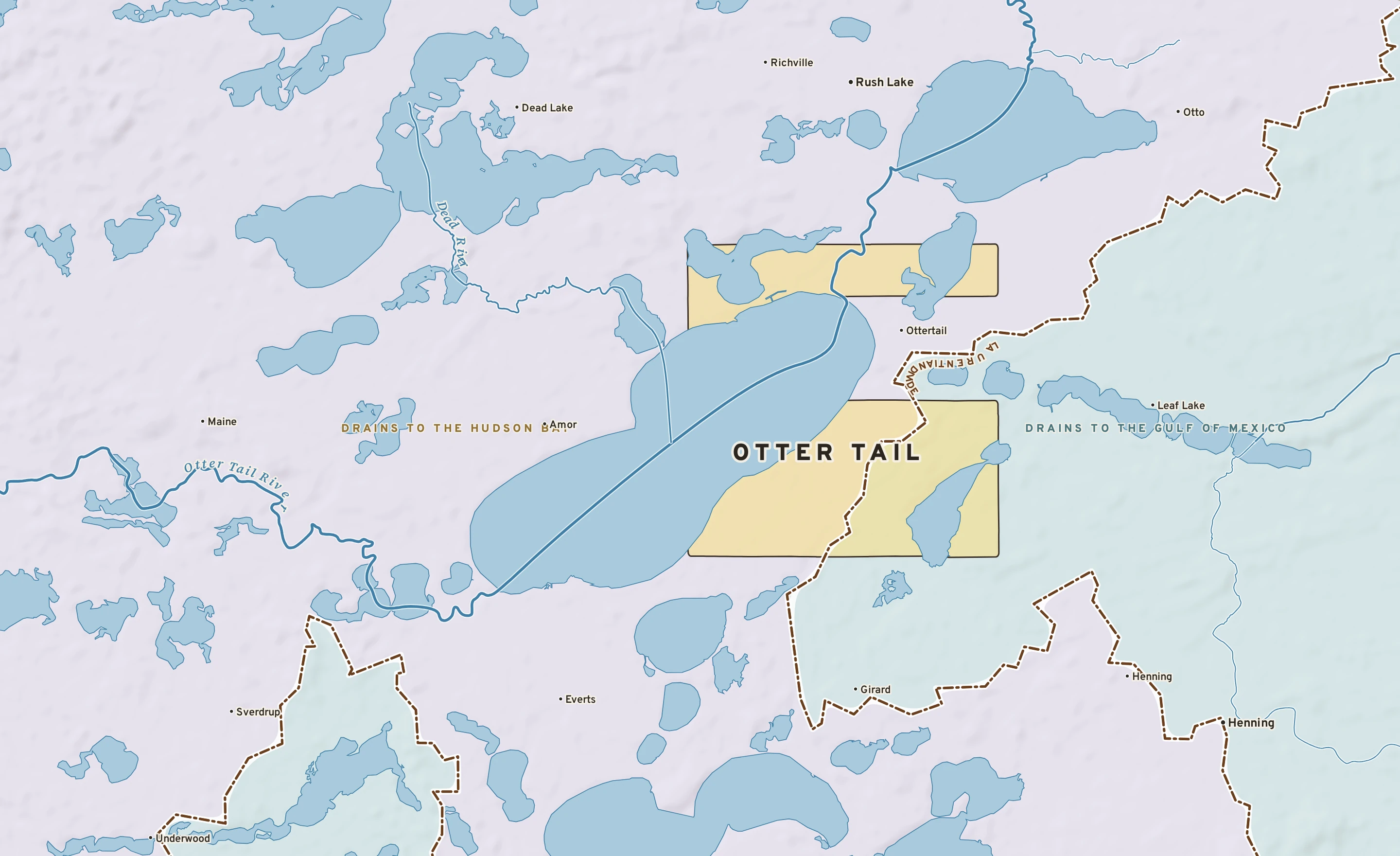 Shaded-relief atlas plate of Otter Tail, Minnesota: rivers, roads, the city limits and where the water drains.