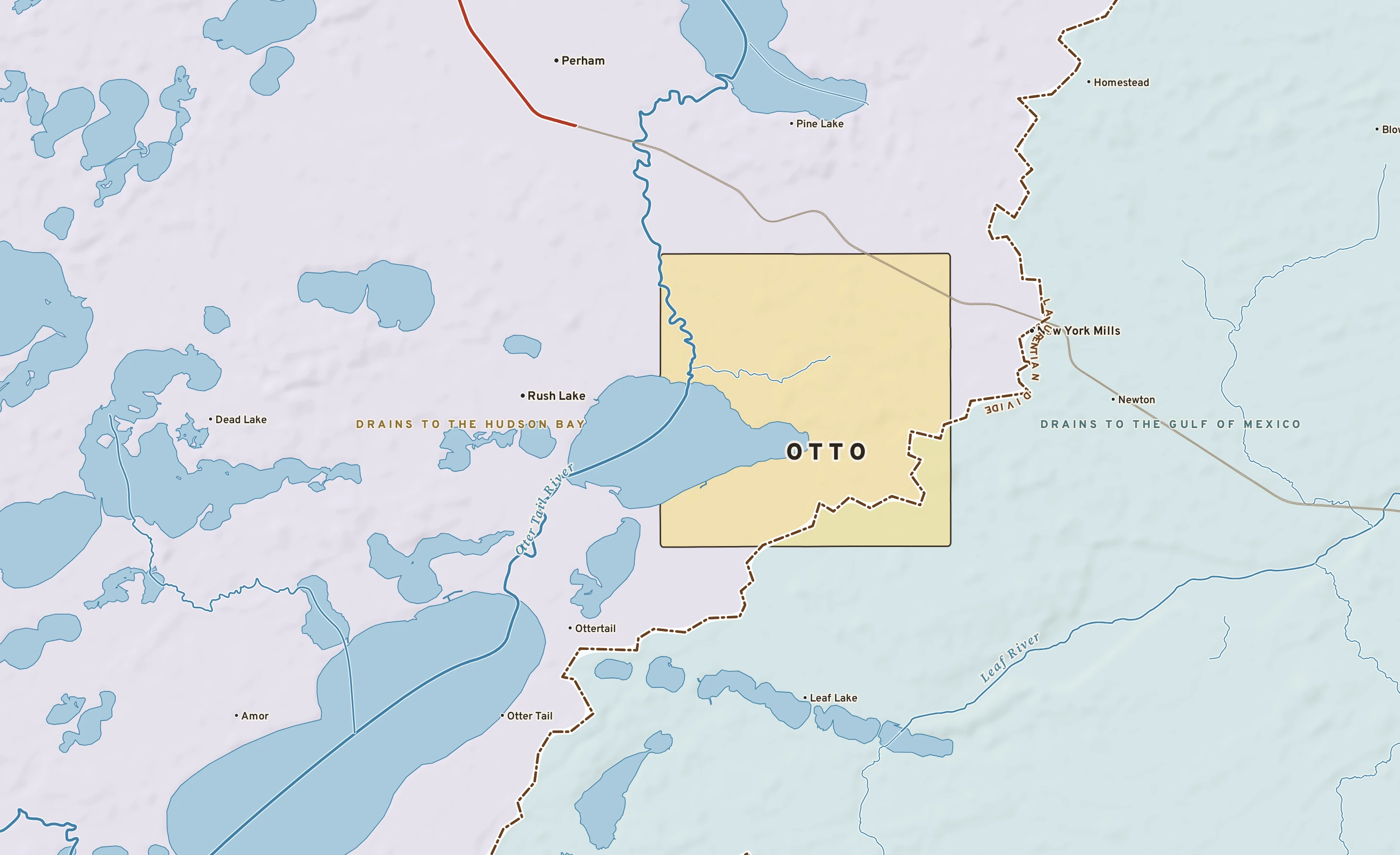 Shaded-relief atlas plate of Otto, Minnesota: rivers, roads, the city limits and where the water drains.
