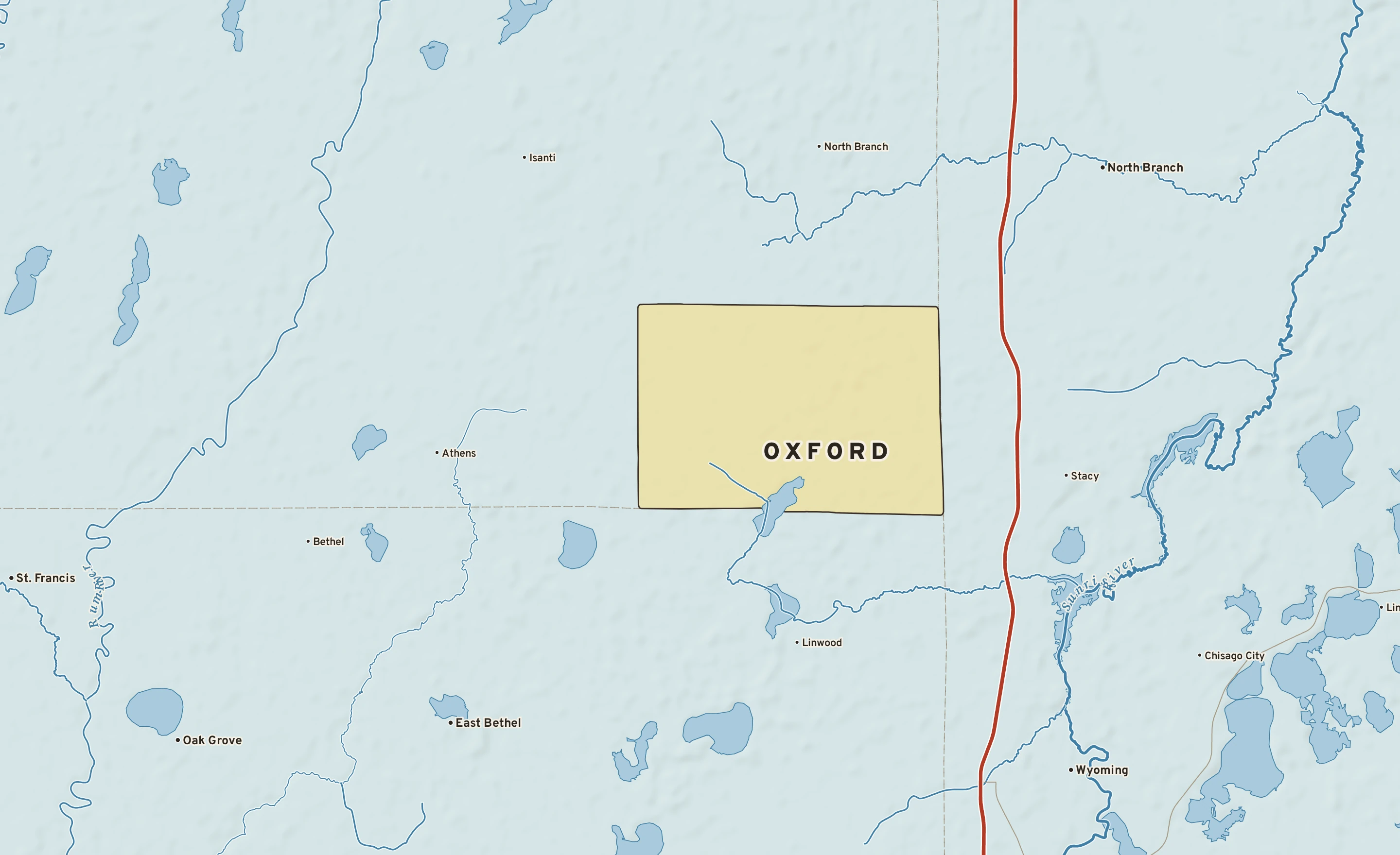 Shaded-relief atlas plate of Oxford, Minnesota: rivers, roads, the city limits and where the water drains.