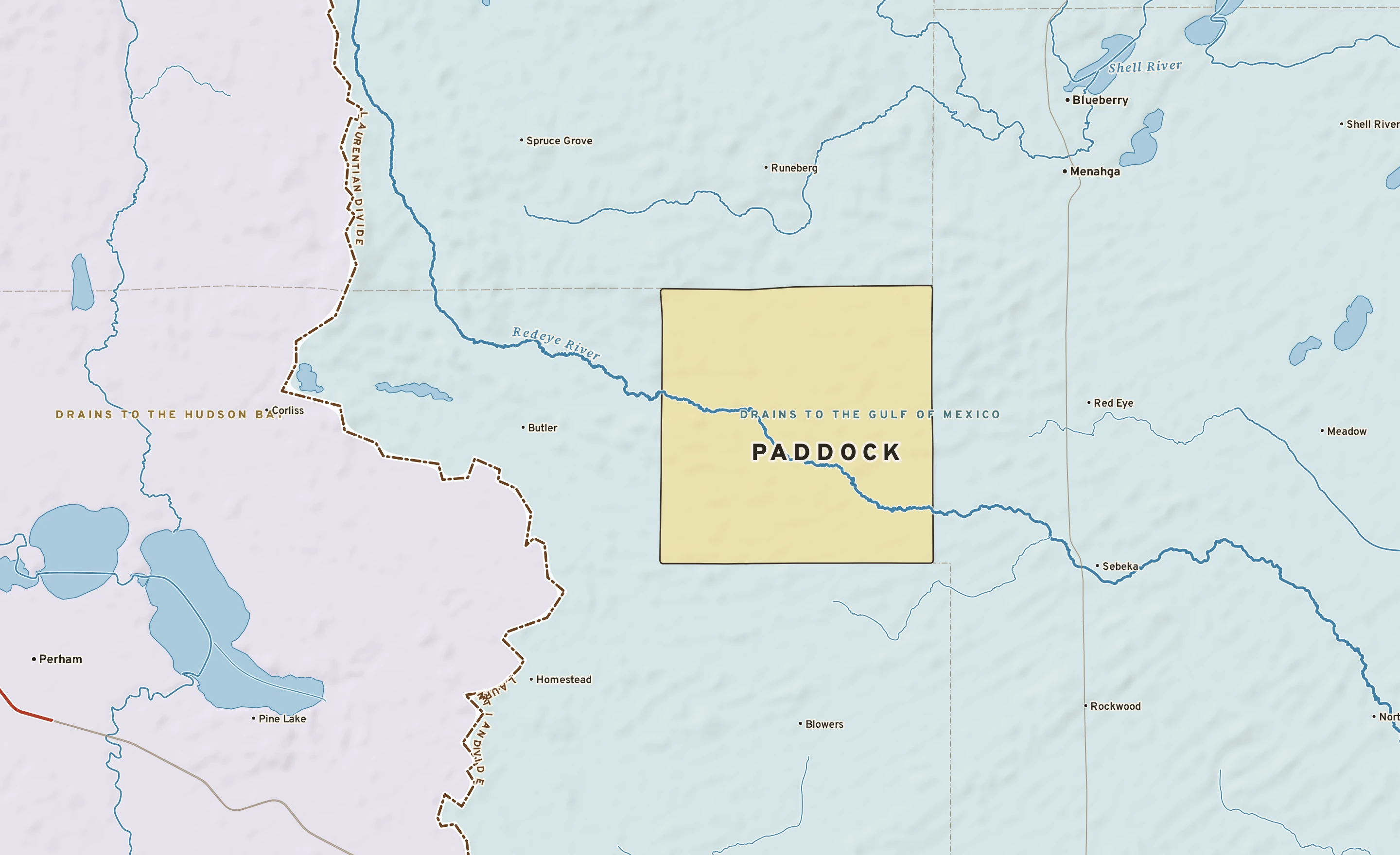 Shaded-relief atlas plate of Paddock, Minnesota: rivers, roads, the city limits and where the water drains.