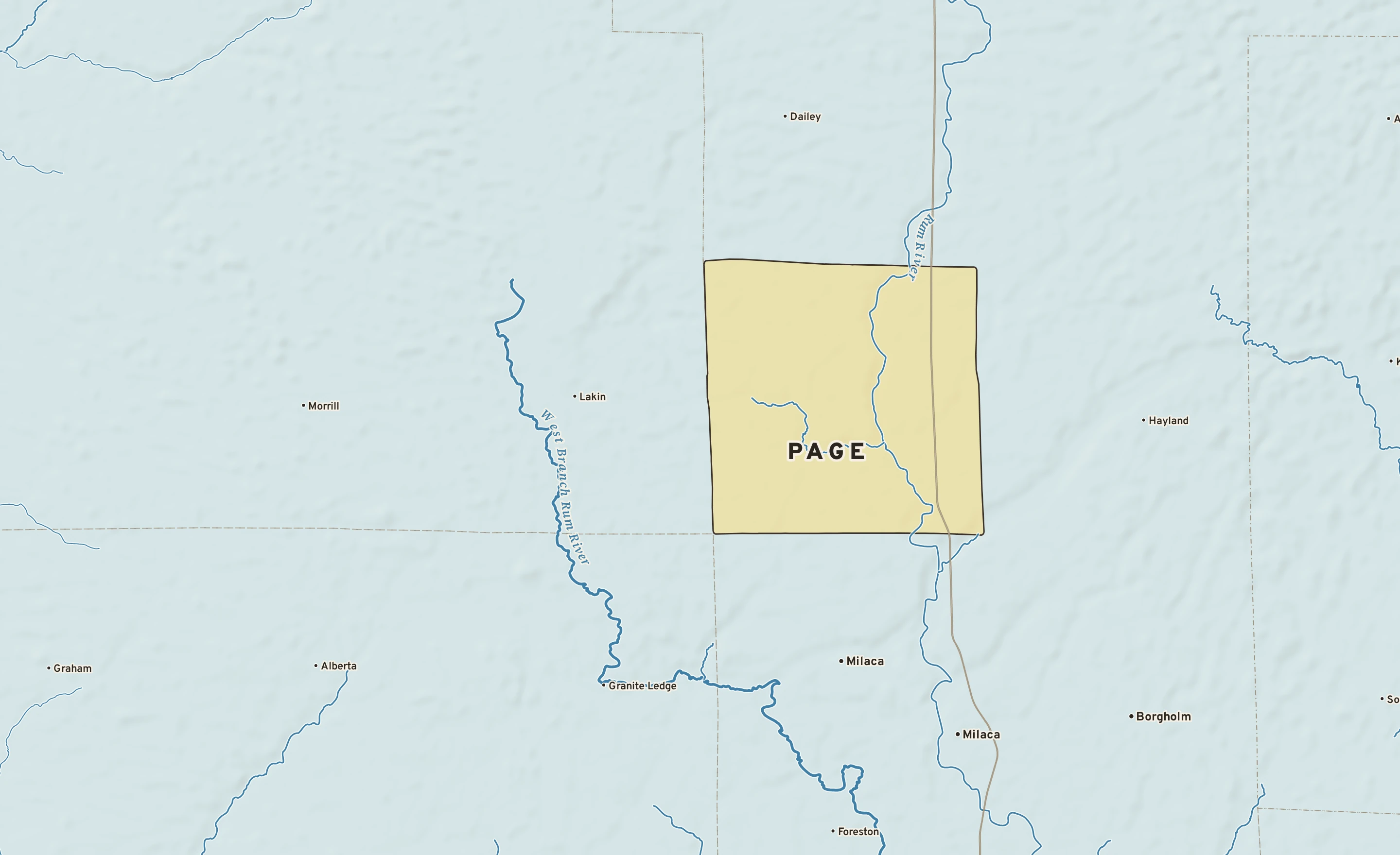 Shaded-relief atlas plate of Page, Minnesota: rivers, roads, the city limits and where the water drains.