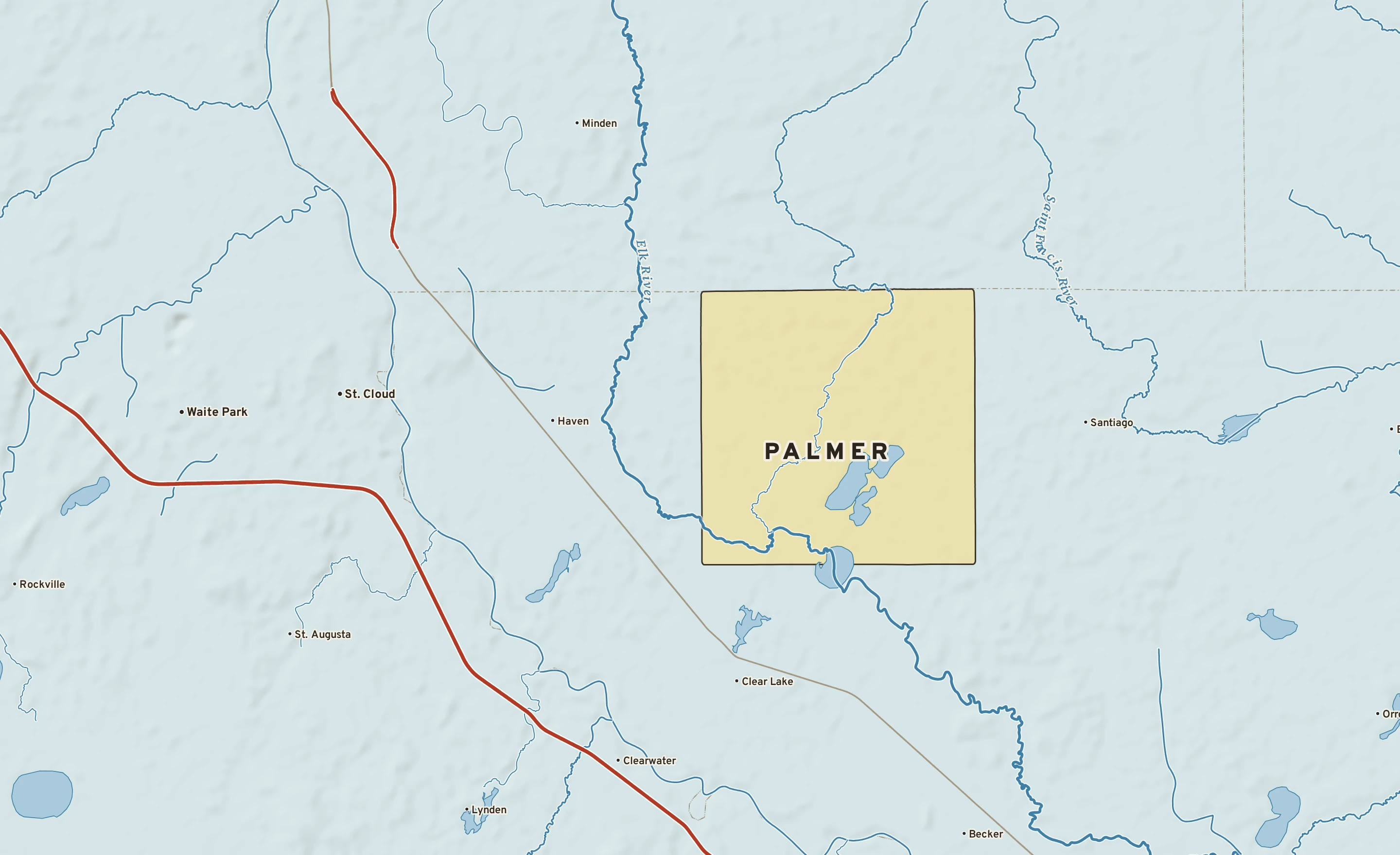 Shaded-relief atlas plate of Palmer, Minnesota: rivers, roads, the city limits and where the water drains.