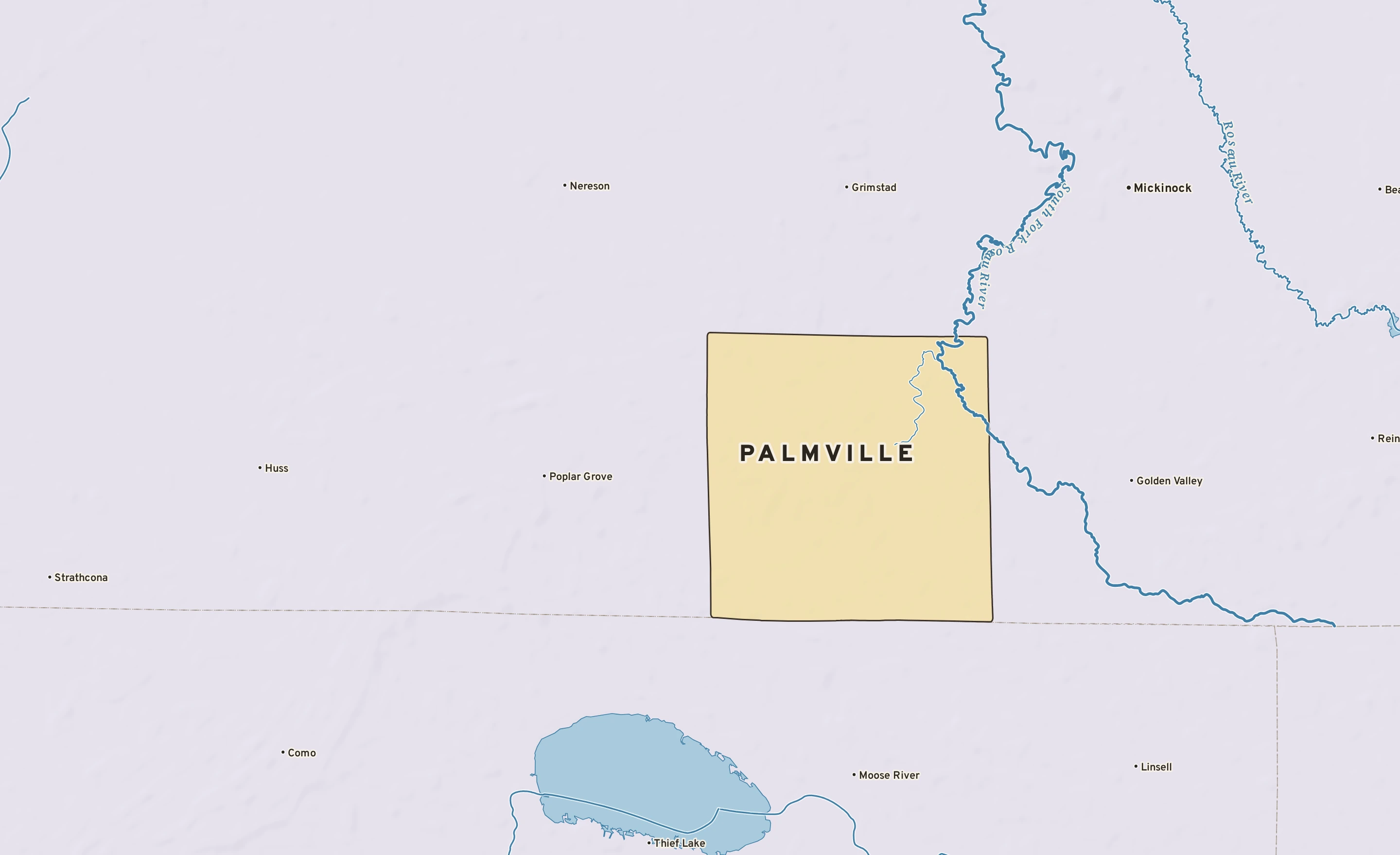 Shaded-relief atlas plate of Palmville, Minnesota: rivers, roads, the city limits and where the water drains.