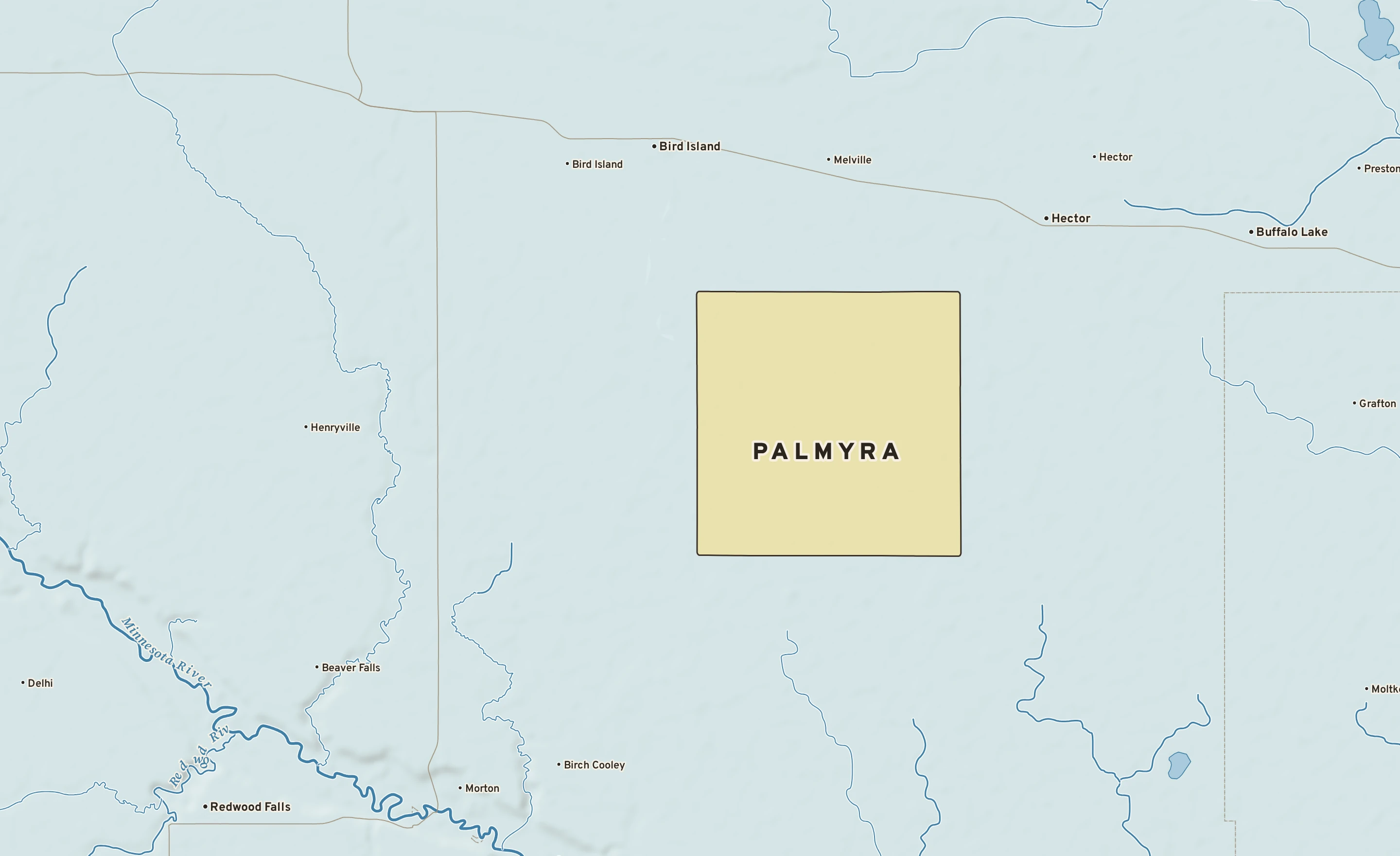 Shaded-relief atlas plate of Palmyra, Minnesota: rivers, roads, the city limits and where the water drains.