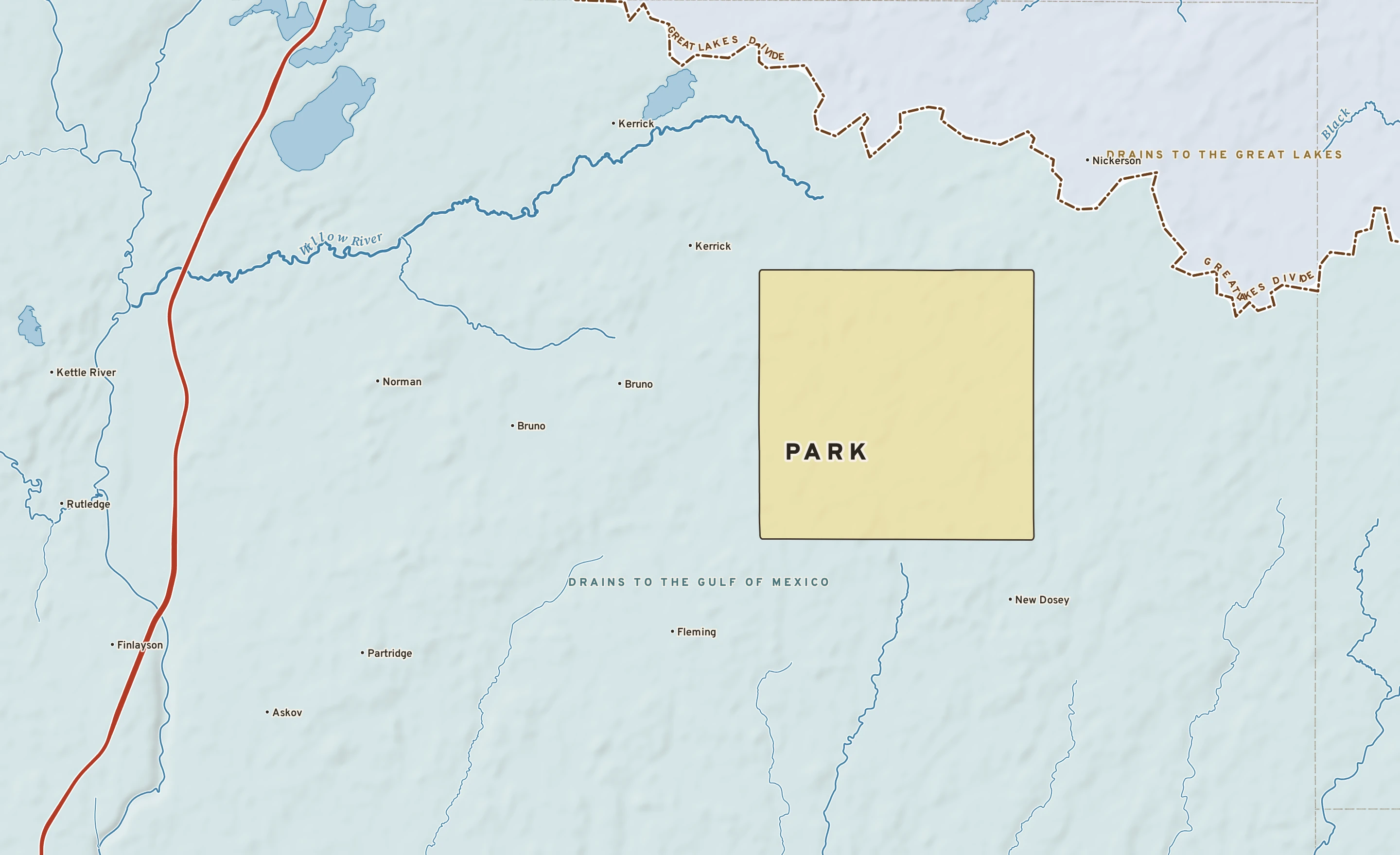 Shaded-relief atlas plate of Park, Minnesota: rivers, roads, the city limits and where the water drains.