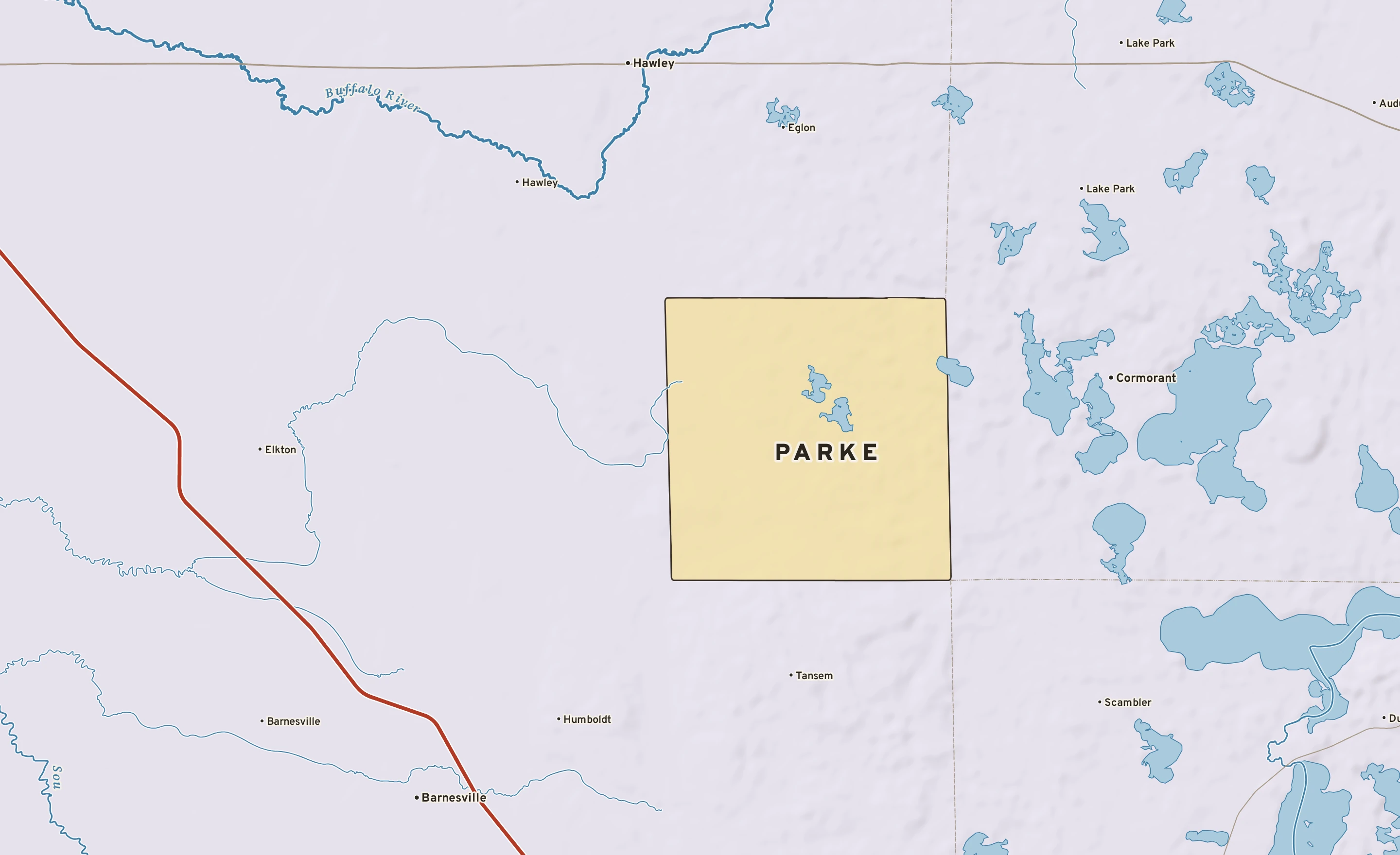 Shaded-relief atlas plate of Parke, Minnesota: rivers, roads, the city limits and where the water drains.