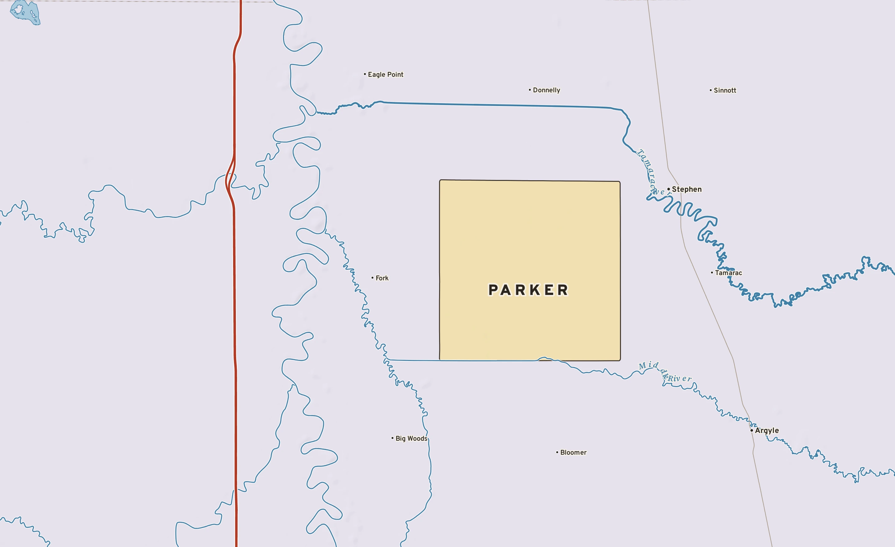 Shaded-relief atlas plate of Parker, Minnesota: rivers, roads, the city limits and where the water drains.